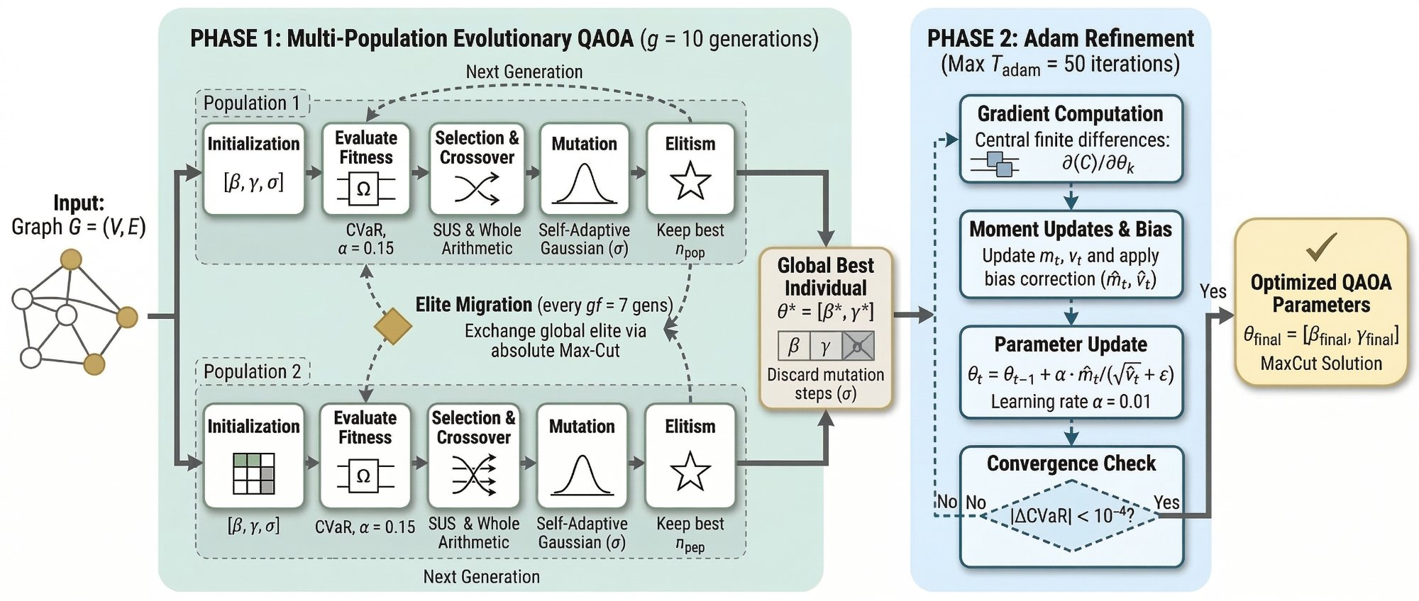 Figure 1: Architecture of the MPE-Adam pipeline. Phase 1 (left) evolves two island populations in parallel with elite migration every g_f = 7 generations. Phase 2 (right) applies Adam refinement to the global best individual using finite-difference gradient estimates and adaptive moment estimation for a fixed budget of T_{\text{Adam}} iterations. The final output is an optimized set of QAOA parameters \boldsymbol{\theta}^* for the MaxCut solution.