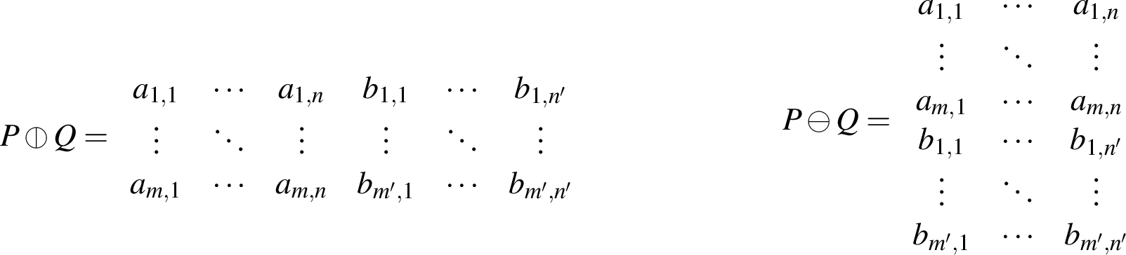 Figure 2: Explaining two concatenations of P = [a_{i,j}]_{m,n} and Q = [b_{i,j}]_{m',n'}.