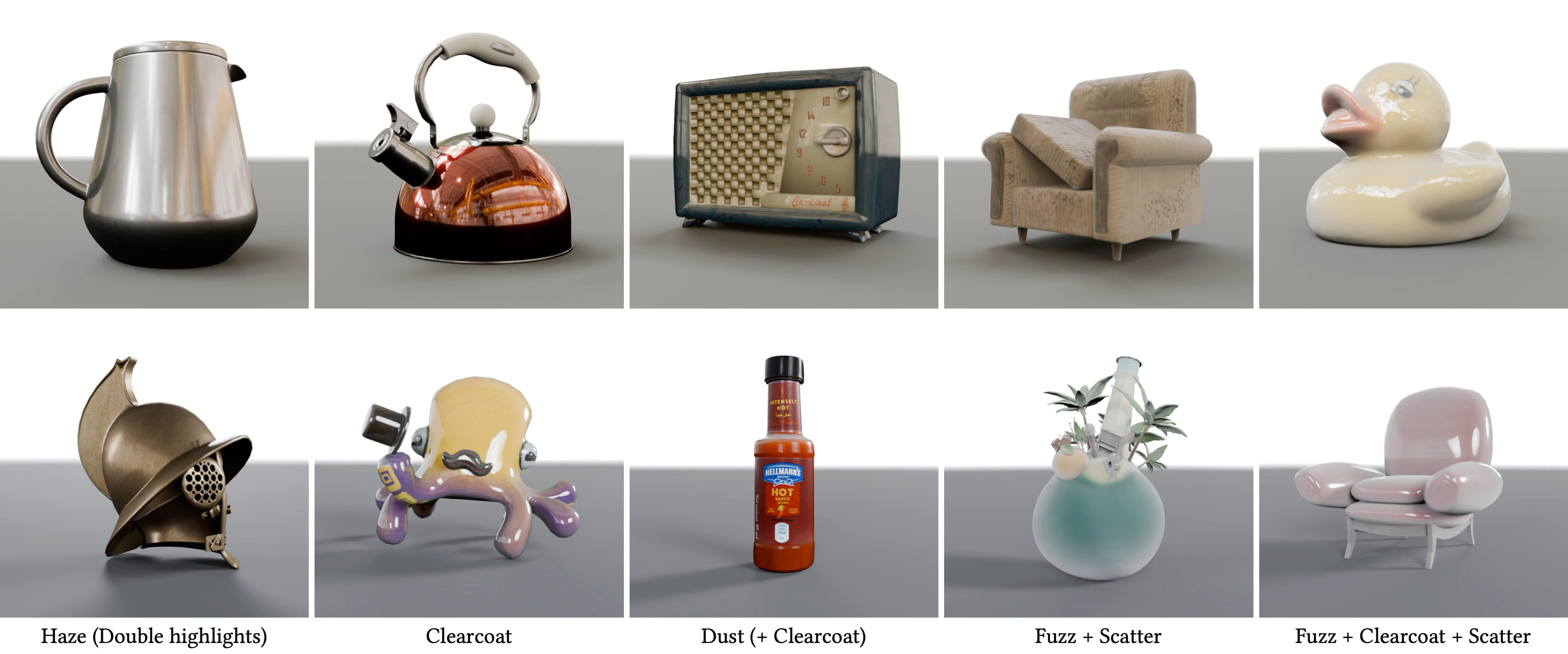 Figure 4: Qualitative results. Our method, NeuMatEx, faithfully reconstructs a wide variety of neural materials from images. Reconstructed neural materials demonstrate complex multi-lobe effects including haze, clearcoat, dust, fuzz, scattering and even their combinations.