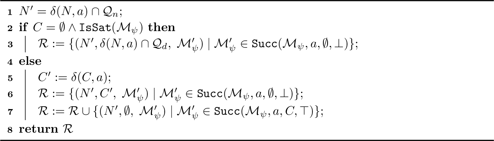 Figure 3: Successor computation \delta^{\sharp}((N, C, \mathcal{M}_\psi), a)
