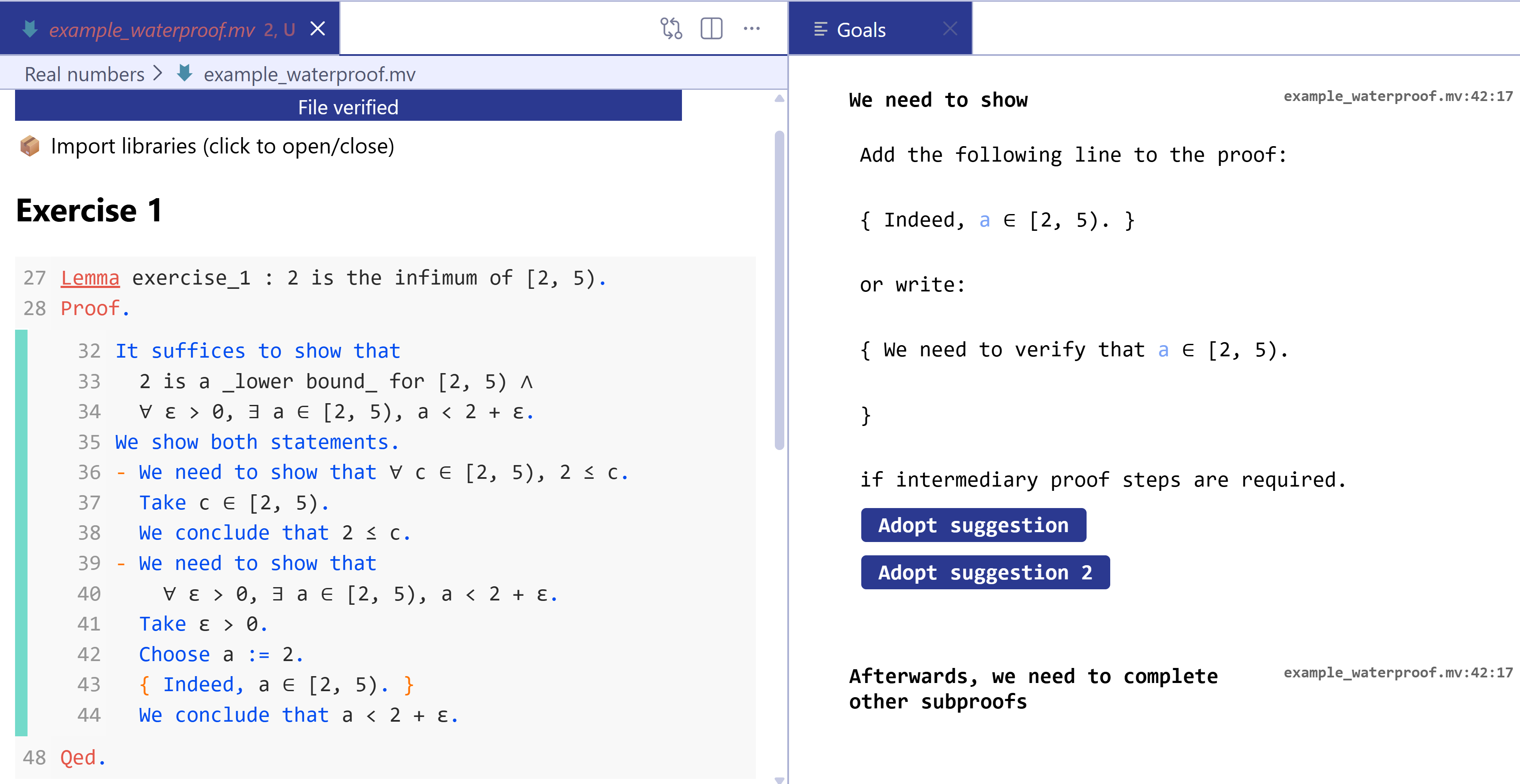 Figure 5: Screenshot showing a Waterproof proof and example of feedback.