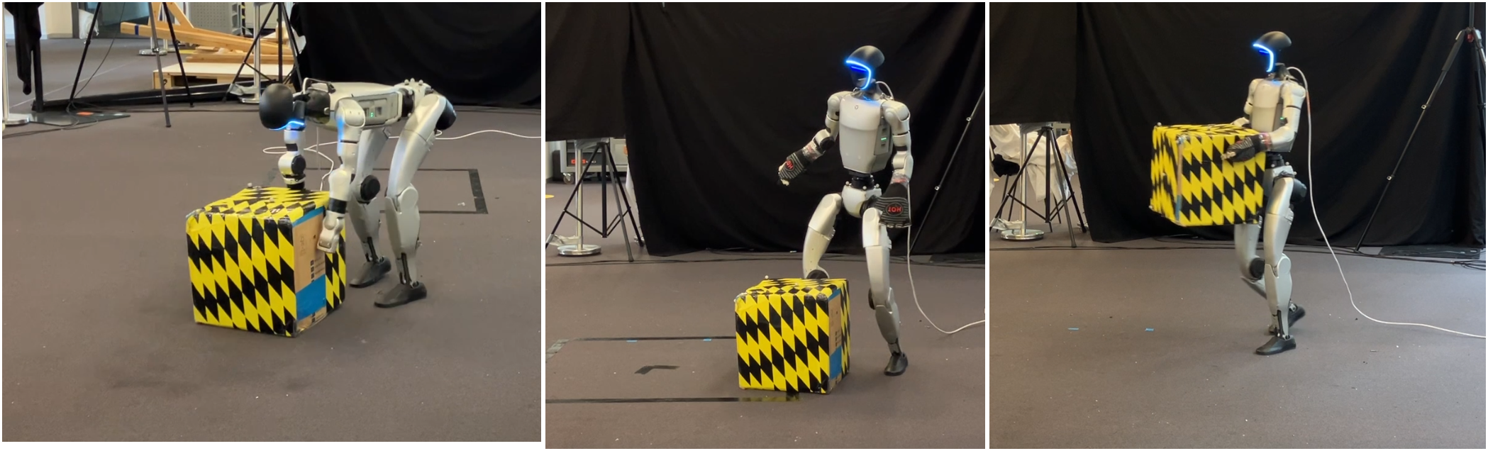 Figure 1: Real-world deployment: Humanoid-DART trajectories deployed on a physical Unitree G1 humanoid for the push, kick, and pick-and-place tasks (left to right).