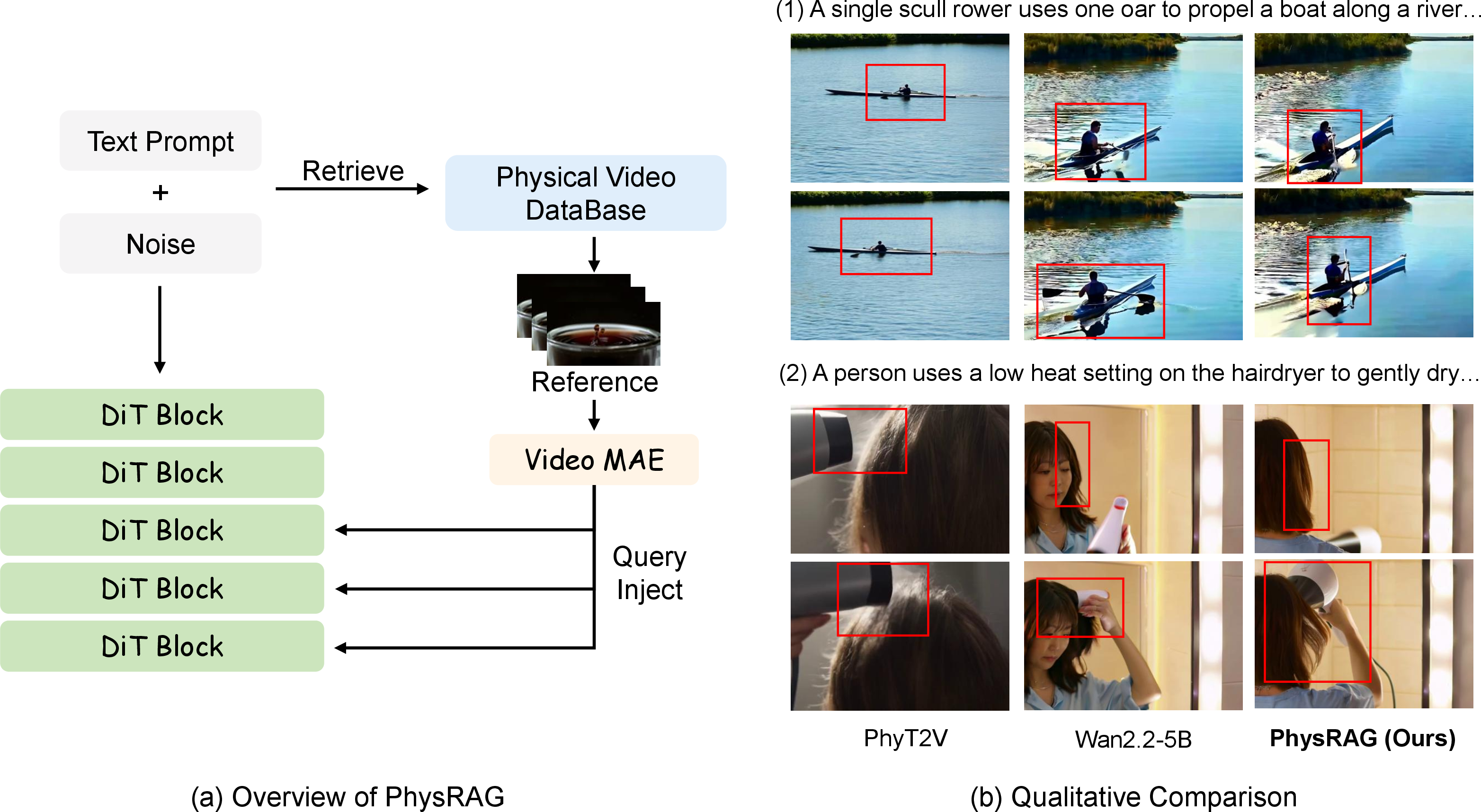 Figure 1: Overview and Qualitative Results of PhysRAG. (a) Architecture of the proposed retrieval-augmented framework. We retrieve relevant physical videos from a database, extract features using Video MAE, and inject these explicit physical priors into the DiT blocks via learnable query injection. (b) Qualitative comparison with baseline models (Wan2.2-5B and PhyT2V). Red boxes highlight regions with complex physical interactions. Compared to the baselines, PhysRAG generates significantly more realistic physical dynamics, such as accurate water-oar interaction (top) and natural hair movement under airflow (bottom).
