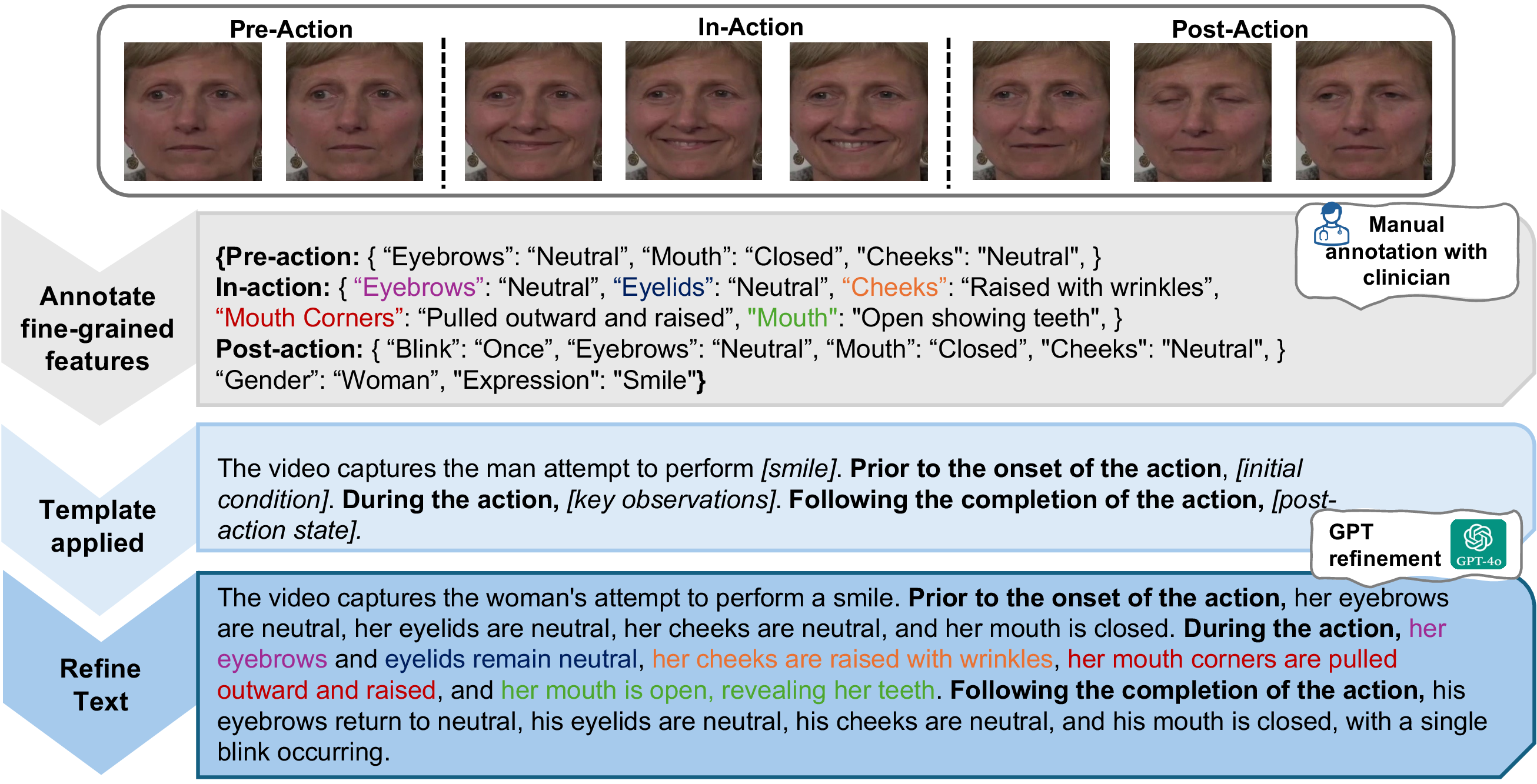 Figure 2: The pipeline for our structured annotation framework. A video is first temporally segmented into pre-action, in-action, and post-action phases. For each phase, clinically-relevant facial regions (e.g., eyebrows, mouth) are described according to a standardised template, generating a structured, factual description. The shown example is for the ‘Smile’ task from PFED5 [1].