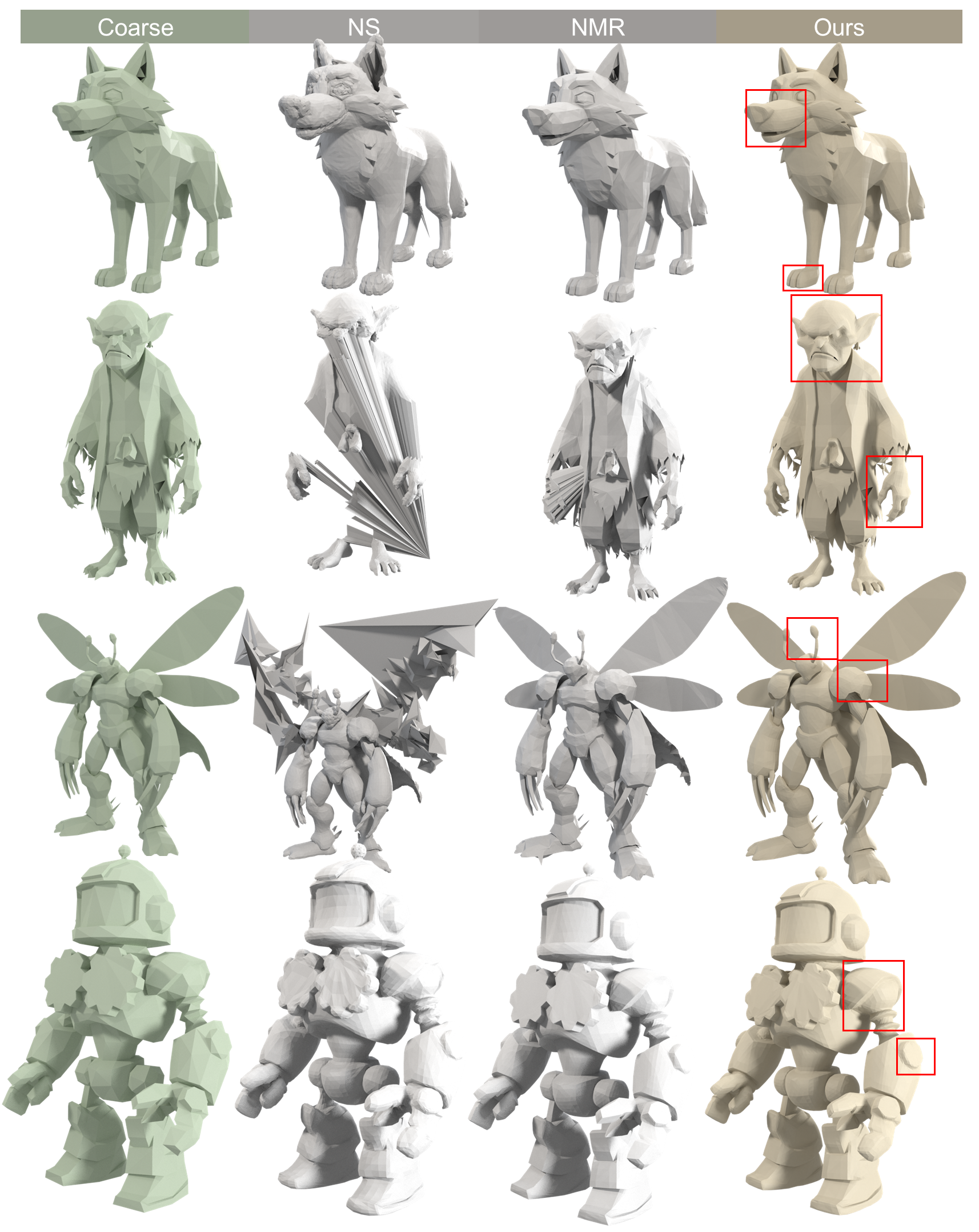Figure 10: Test on coarse mesh on generated by Tripop1.0 The primary failure mode for several baseline models, such as NS [9] and NMR [10], stems from their inherent inability to process meshes with open boundaries. To facilitate a visual comparison on such geometries, we manually pre-processed these meshes by stitching all boundary vertices to a singular auxiliary point. Furthermore, our model yields encouraging preliminary results on meshes with regularized topologies from generative models (e.g., Tripo 1.0), despite such structures being absent from our training set. This suggests a strong potential for generalization; with further training on datasets that include diverse regularized topologies and varying resolutions, SubdivAR could potentially serve as a flexible refiner within emerging AI-driven modeling workflows.