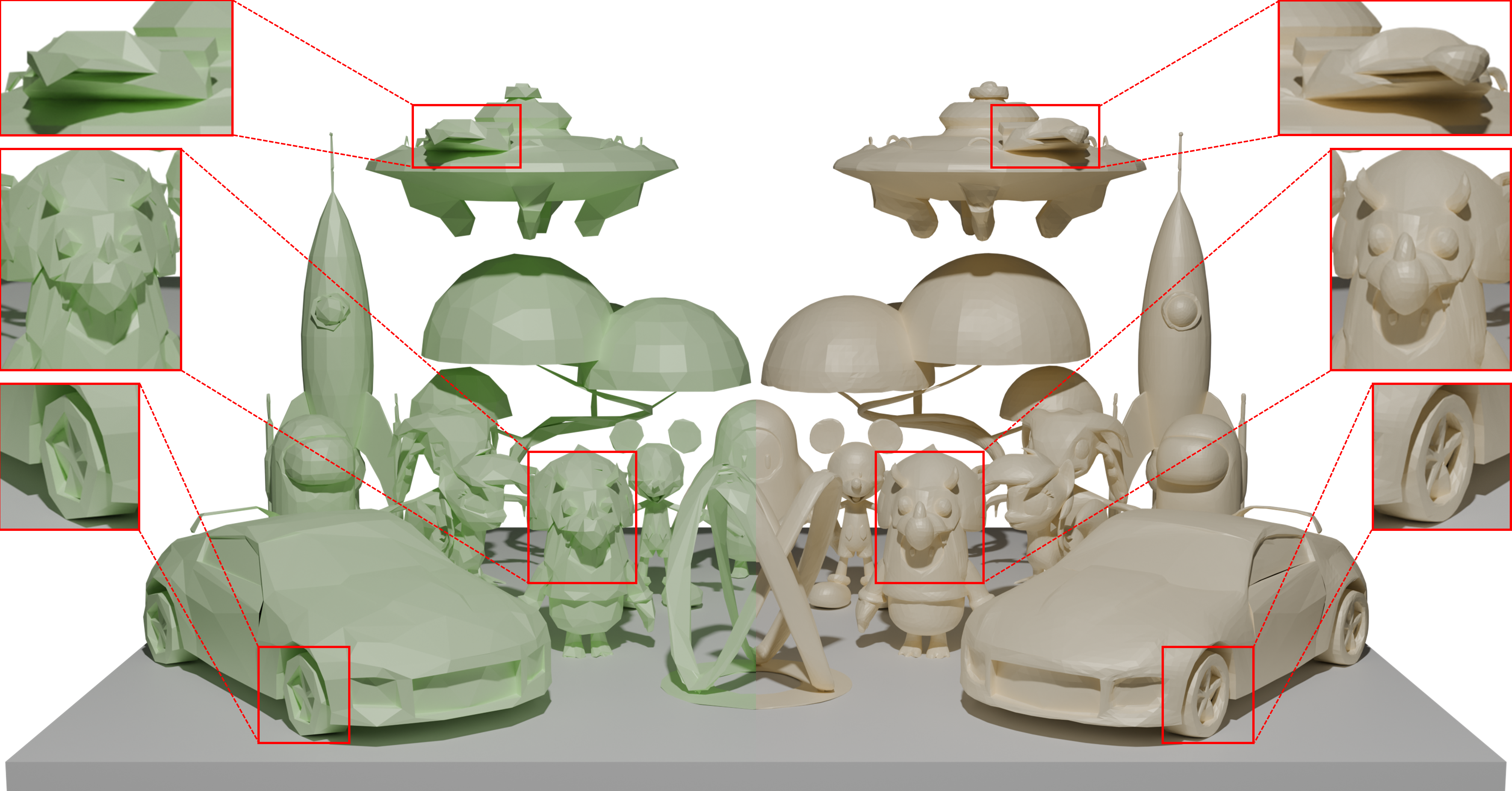 Figure 1: High-fidelity mesh subdivision achieved by SubdivAR****. Given a coarse input mesh (left, green), our model produce refined surfaces with faithful semantic and geometric details.