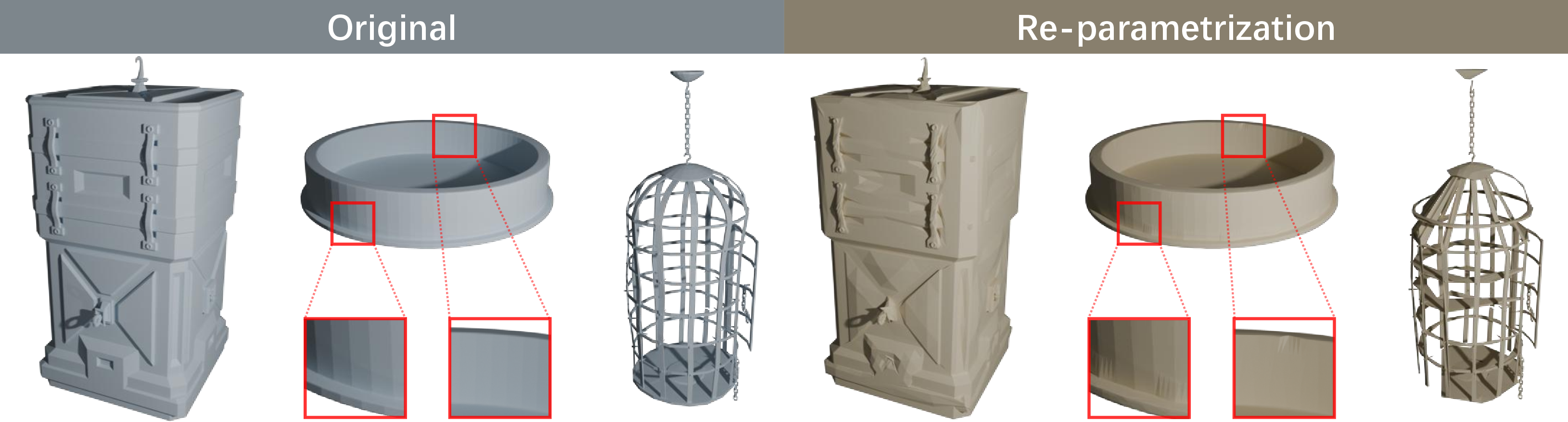 Figure 3: Failure Modes. Comparing the raw mesh (left) with the reparameterized result (right), we identify two primary failure modes: significant shape distortion with a loss of sharp features(Figure 2), and degraded mesh quality characterized by self-intersections and degenerated sliver faces.
