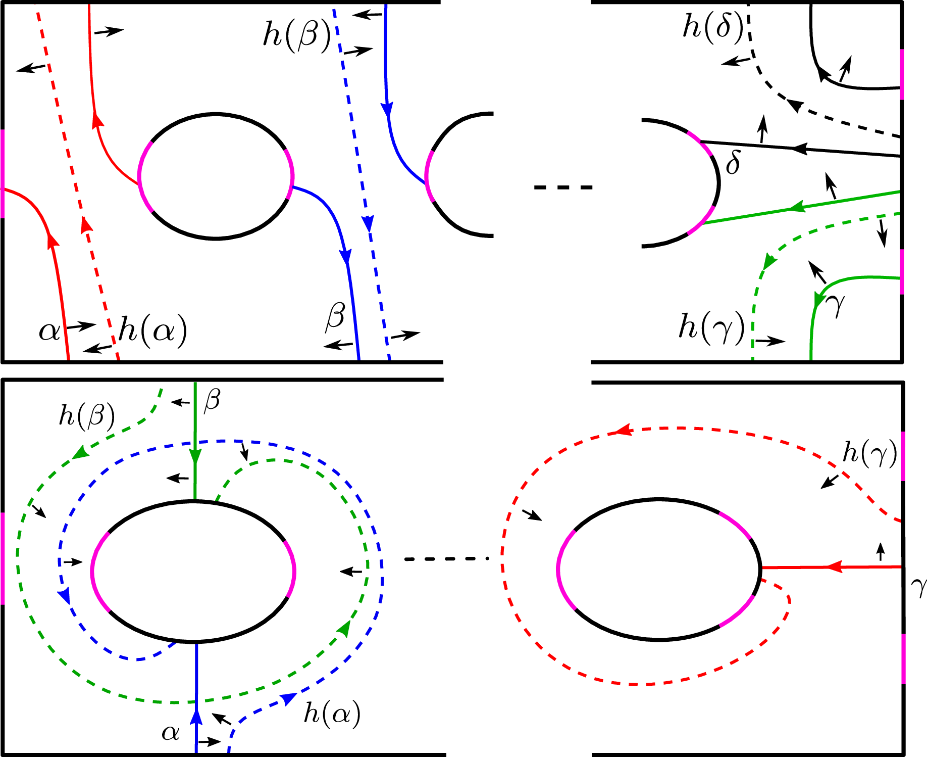 Figure 41: The figure shows the branch loci of the branched surfaces constructed in the proofs of Propositions 55 and 56, and the cusp directions along them.