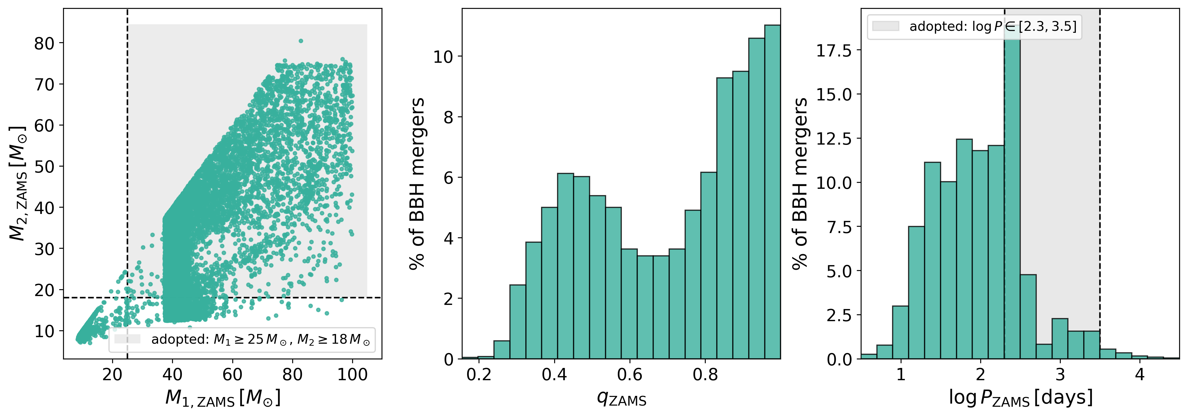 Figure 6: Initial ZAMS property distributions for binary systems that evolve into merging BBHs. The data was extracted from the compas population synthesis simulations by [63]. These distributions serve as a guide for constraining the initial parameters of our model. Left panel: ZAMS masses of the BH progenitors. Middle panel: initial mass ratio distribution, q_{\mathrm{ZAMS}} \equiv M_{2,\mathrm{ZAMS}}/M_{1, \mathrm{ZAMS}} that leads to BBH mergers. The turquoise bins illustrate the percentage contribution of each mass-ratio bin relative to the total merging BBH population (the columns in the histogram add up to 100 %). The right panel: similar to the middle panels for the \log P_{\mathrm{ZAMS}}.