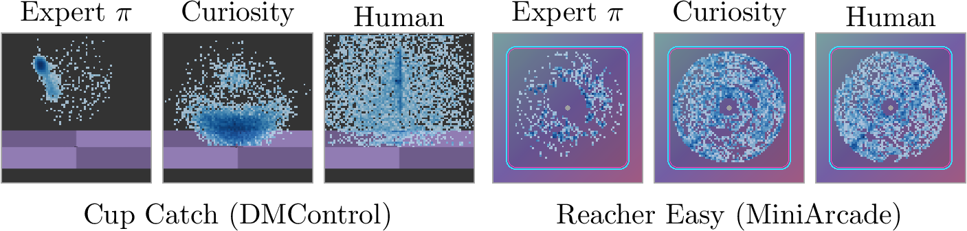 Figure 6: Data coverage by collection method. We show state densities for three online data collection policies (expert, curiosity, and human) across two tasks in the unseen task set.