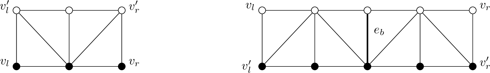 Figure 3: A fan with 6 vertices in the left and a 2-path G with diameter 4 in the right. Both graphs have \#TDDP(G)=2 with one diametral path formed by black vertices and the other by white vertices.