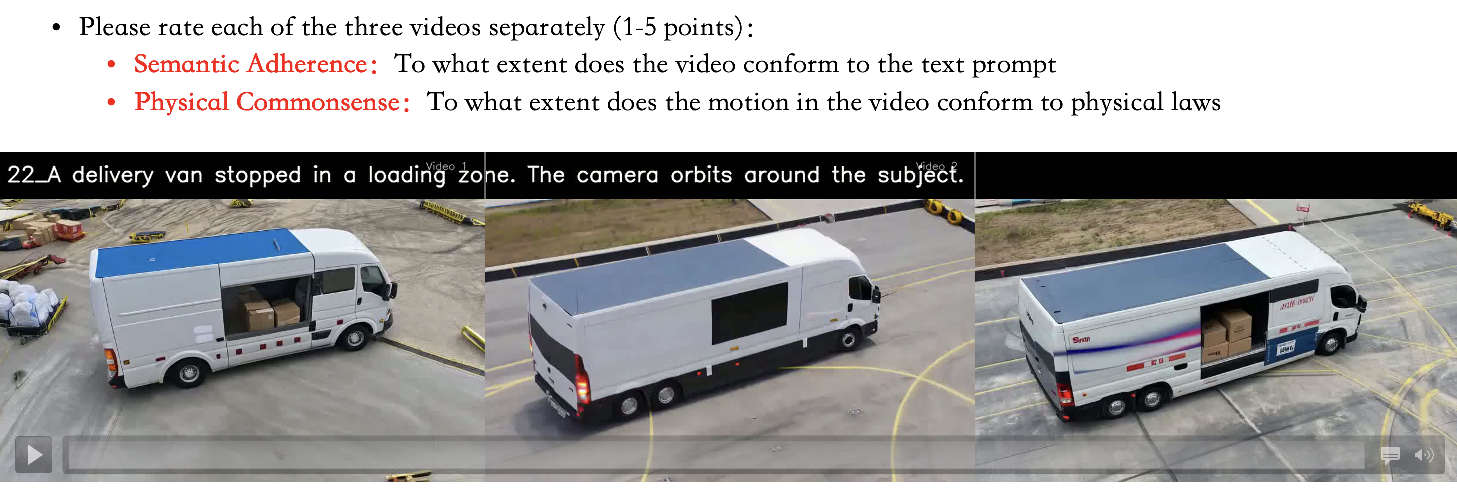 Figure 9: Illustration of the user interface used for evaluating video generations.