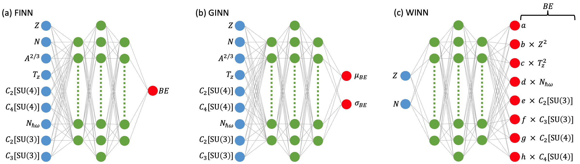 Figure 3: Neural network architectures for (a) FINN, (b) GINN, and (c) WINN. Blue nodes are input features; green nodes are hidden neurons arranged in three layers of 64, 128, and 64 units; red nodes are outputs. (a) FINN produces a single binding-energy prediction BE. (b) GINN shares the same backbone as FINN but branches into two independent linear heads after the last hidden layer, yielding a predicted mean \mu_{BE} and an uncertainty \sigma_{BE}. (c) WINN admits only (Z, N) as inputs and outputs eight (N,Z)-dependent coupling strengths \{a,\ldots,h\}; the binding energy is computed as the sum of the coupling strengths multiplied by the corresponding physics feature. We apply rectified linear unit (ReLU) activation function at each hidden layer of WINN and adopt its parametric version (PReLU) for FINN and GINN, see Sec. S5 in SM.