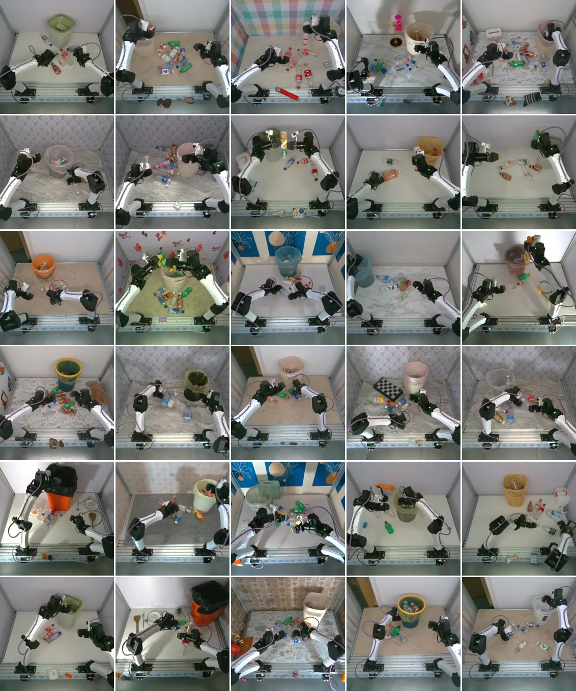 Figure 14: Randomly sampled frames from the bottle-in-bin dataset, drawn from demonstrations across distinct collection sessions. The data spans varied bin types and placements, bottle colors and counts, and workspace surfaces.