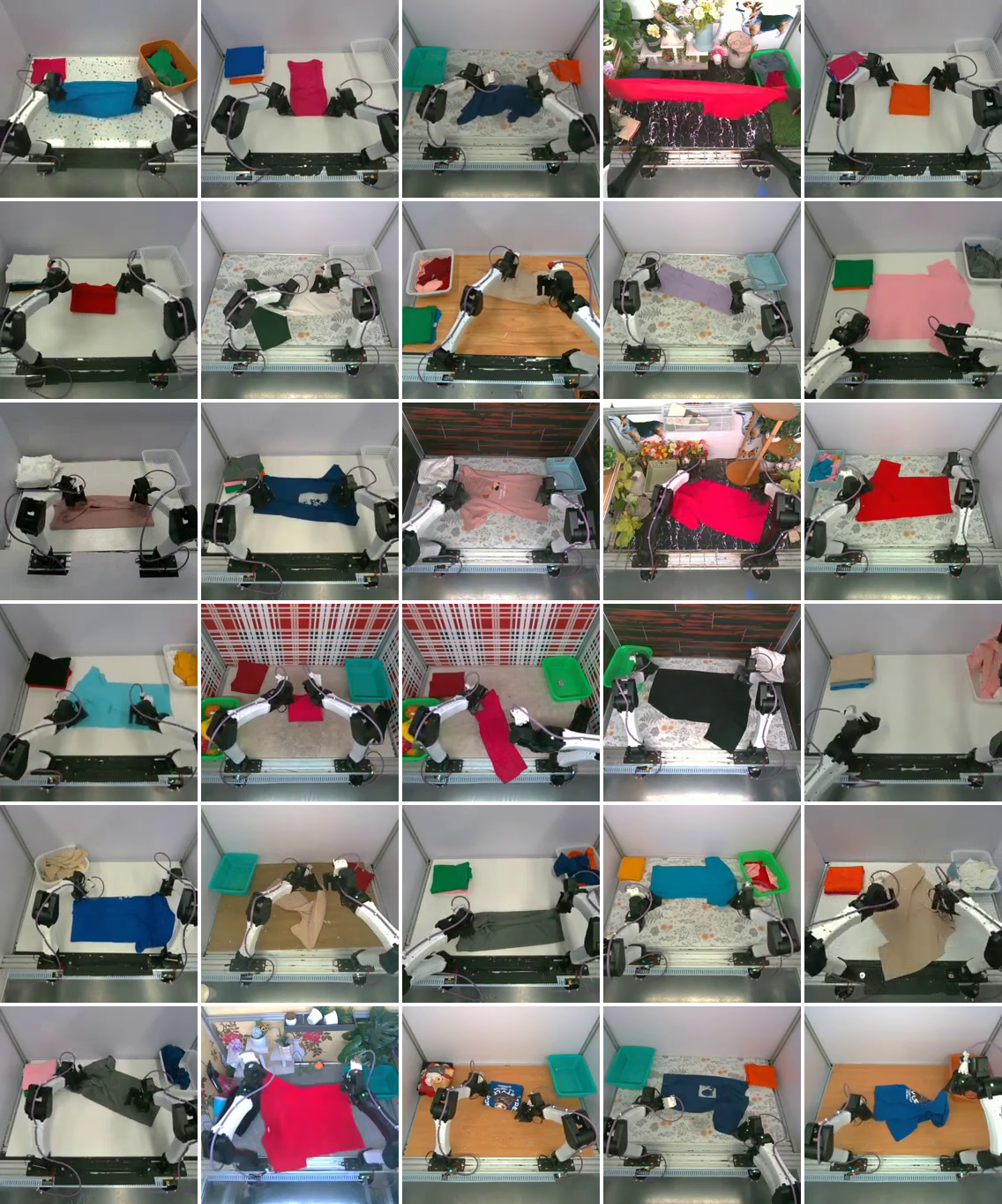Figure 13: Randomly sampled frames from the T-shirt-folding dataset (\mathcal{D}_3), demonstrating a representative sample of the visual diversity present in the training data, including varied garment colors, workspace surfaces, and arm configurations.