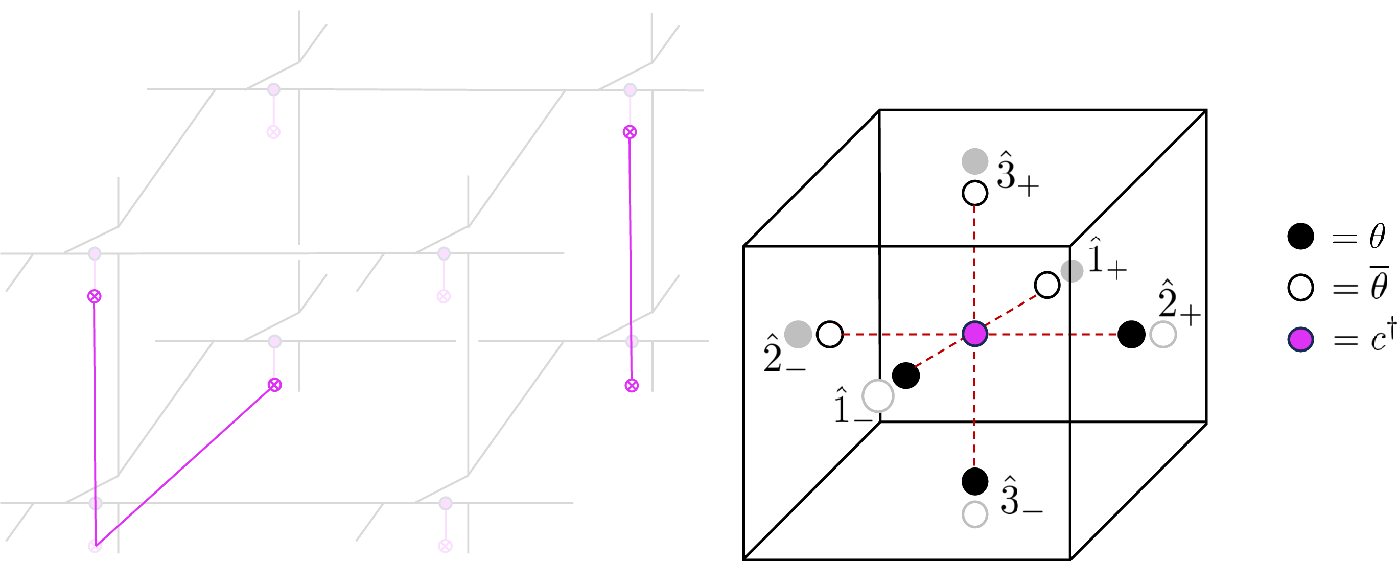 Figure 2: Left: Given that the assignment of \{1,v\} on long edges is identified with C\in Z^2(\hat{\mathcal{T}},{\mathbb{Z}}_2), pink \psi lines are stemming from the diagram according to the 3-form d\hat{C}/2. The \psi lines are then connected according to its trivialization; B\in C^2(\hat{\mathcal{T}},{\mathbb{Z}}_2 ) satisfying dB = d\hat{C}/2. Right: assignment of Grassmann variables on each face of the dual cubic lattice.