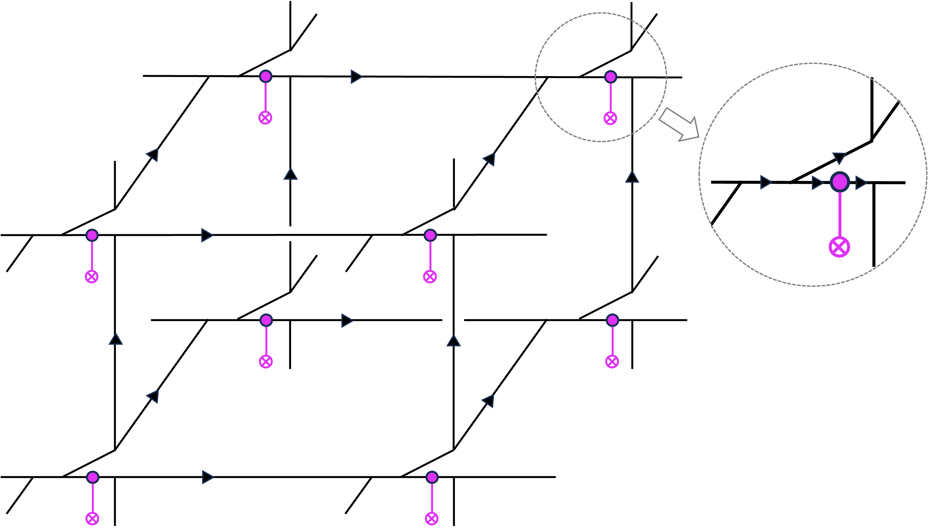 Figure 1: The cubic lattice for defining the wave function. The long edges (directed black edges in the main figure) are labeled by anyons in \{1,v\}, while the short edges (four directed black edges expanded on the right) are labeled by \{1,v,\psi,v\psi\}. The black diagram is not closed under fusion by itself, and could fuse into a pink line labeled by \{1,\psi\}. To obtain a closed diagram, the pink lines are connected arbitrarily behind the diagram (see Fig. 2).
