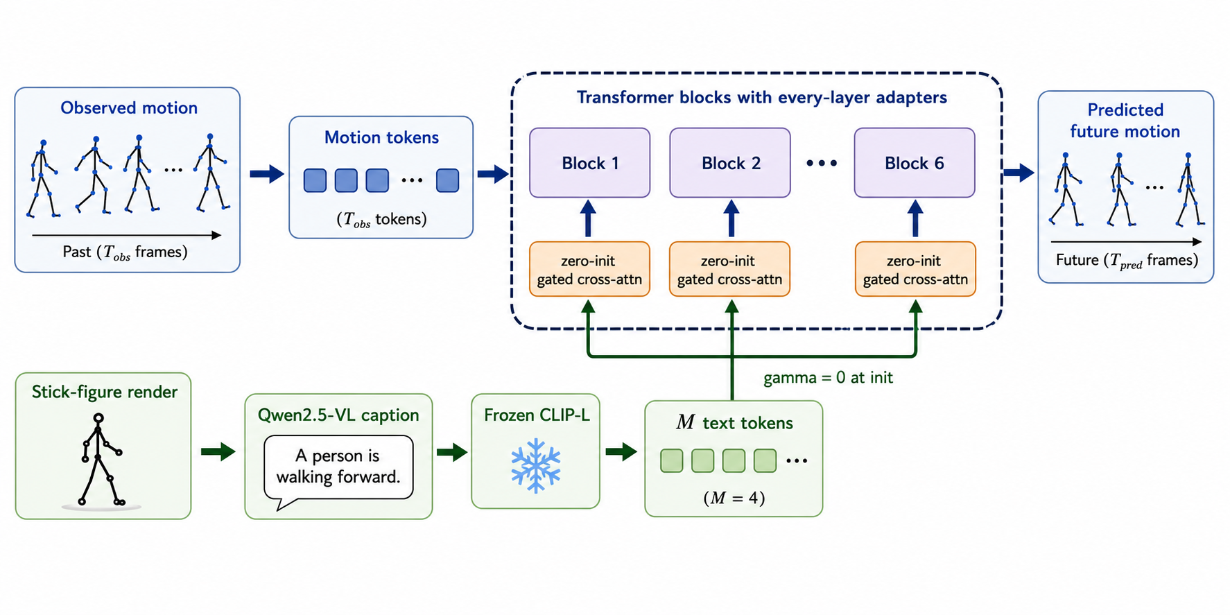 Figure 1: Overview. A VLM-generated caption is encoded by a frozen plain CLIP-L tower into a single 768-d vector. A learnable projection produces M conditioning tokens. After every encoder block of the Transformer motion backbone, a zero-gated cross-attention adapter lets motion tokens attend to the conditioning tokens. Classifier-free dropout replaces a fraction of samples’ text with a learnable null token during training. At initialisation the gate \gamma is zero, so the model is numerically identical to the no-text baseline; any improvement is attributable to the adapter learning to use the text.
