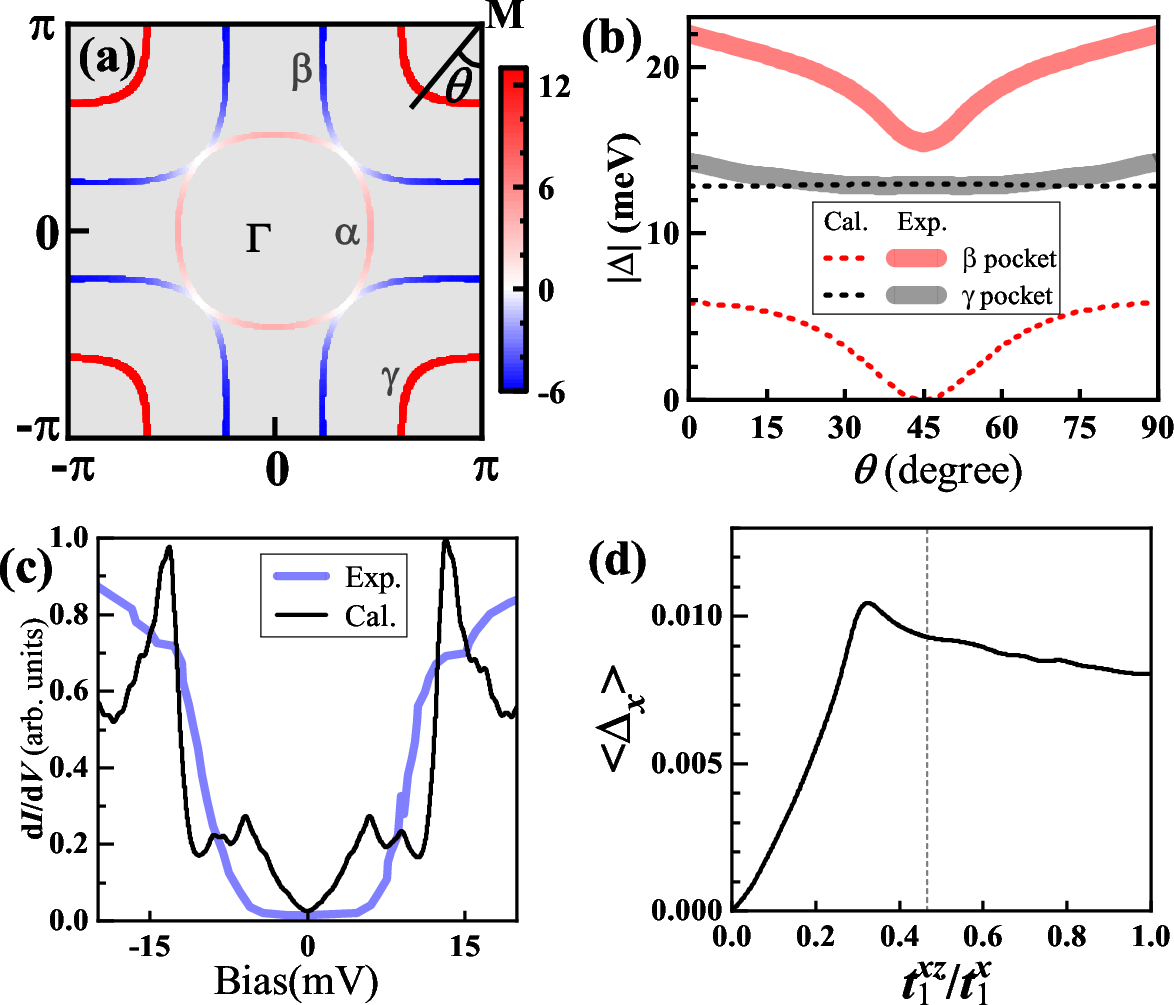 Figure 2: The calculated SC pairing gap and STM spectrum using Eq. 5 with \Delta_{\perp}^z = 13 meV, compared with experimental results. (a) The distribution of the SC gap \Delta(k) on the FS. (b) \theta-dependent SC gap on the \beta FS (red dashed line) and the \gamma FS (black dashed line), and the shaded area represents the experimental results. (c) The calculated STM spectrum (black line), compared with the experimental data (blue line). (d) The expectation value \langle \Delta_x \rangle as a function of the inter-orbital hopping t_1^{xz} (in units of t_1^{x}).