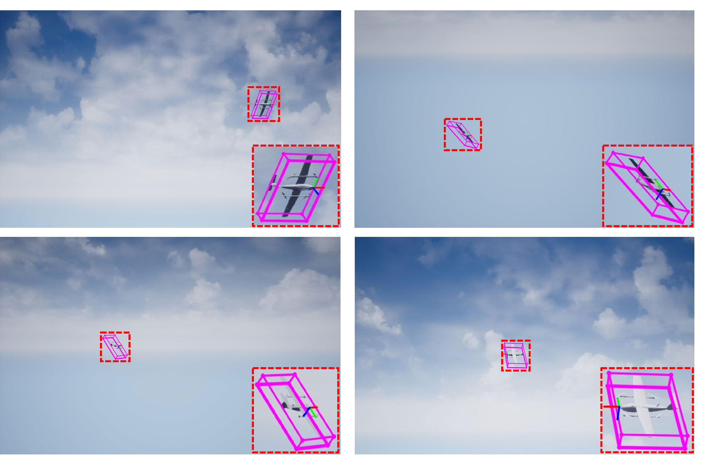 Figure 1: Examples of Monocular UAV 6-DoF pose Estimation. Our method efficiently infers the 6-DoF pose of UAV targets, including 3D translation and rotation, using only a single RGB image and camera intrinsics.