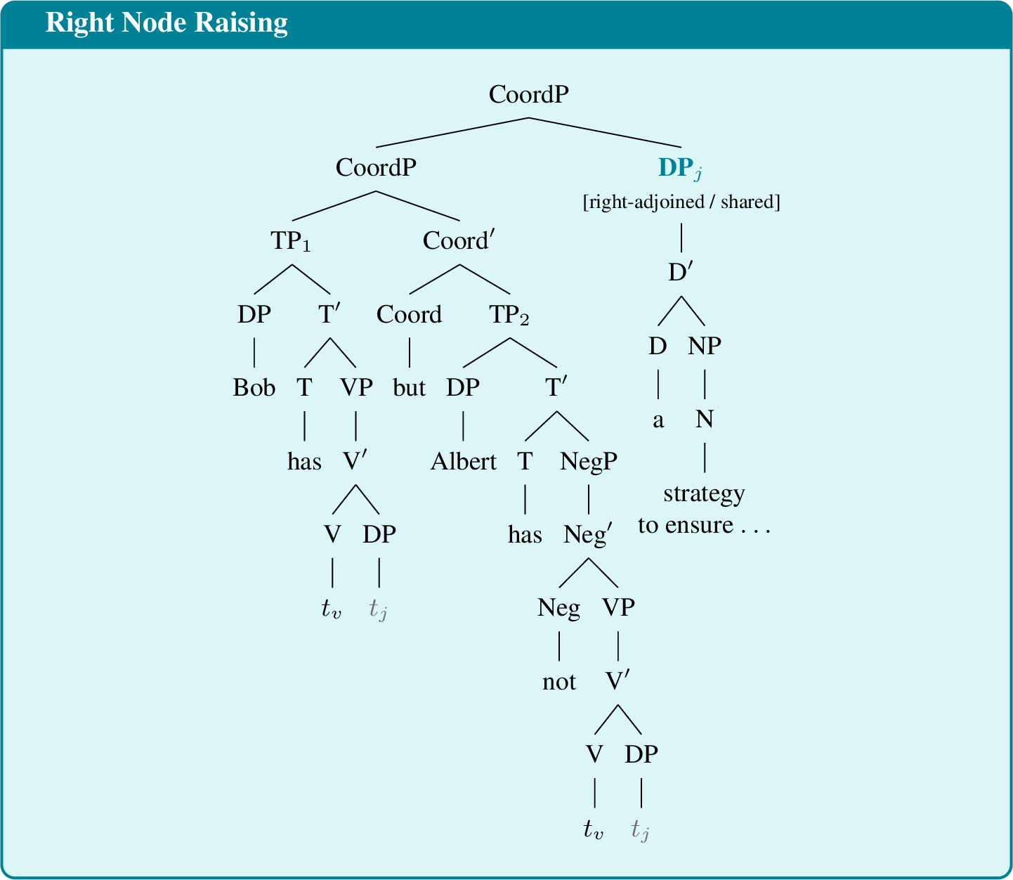 Figure 14: Right Node Raising via right-adjunction. The shared DP is represented as right-adjoined to CoordP to maintain binary branching while ensuring the ATL translation associates the objective with both conjuncts. This is a representational convention for the syntax-semantics interface, not a syntactic derivation. The traces t_j in object position mark interpretive gaps; no movement operation is claimed.