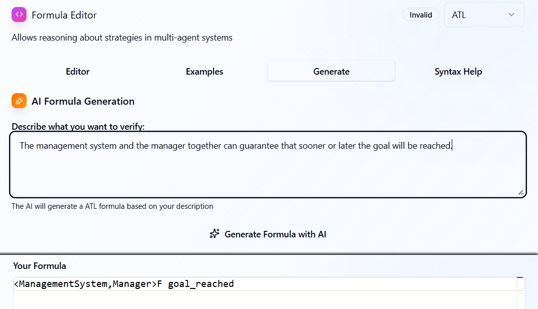 Figure 15: Natural-language to ATL^\star translation surfaced inside the genVITAMIN interface.