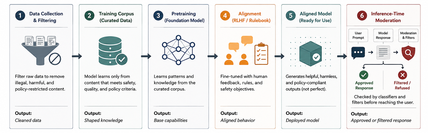 Figure 2: The multi-layer content moderation pipeline in LLMs. Content control begins with data acquisition and filtering, continues through corpus curation, pretraining, alignment, and deployment, and culminates in inference-time moderation. Each layer constrains either what the model learns, how it is optimized to respond, or which outputs ultimately reach users.