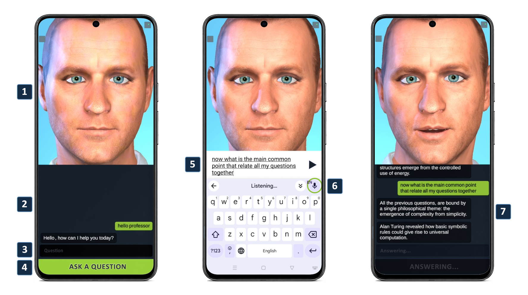 Figure 2: User interface components and interaction flow of the Student Interaction Layer, designed as a mobile application.