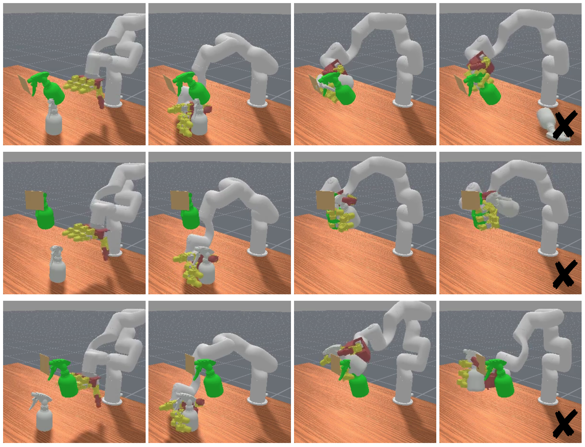 Figure 11: Example evaluation episodes of DP3 on the spray bottle task.
