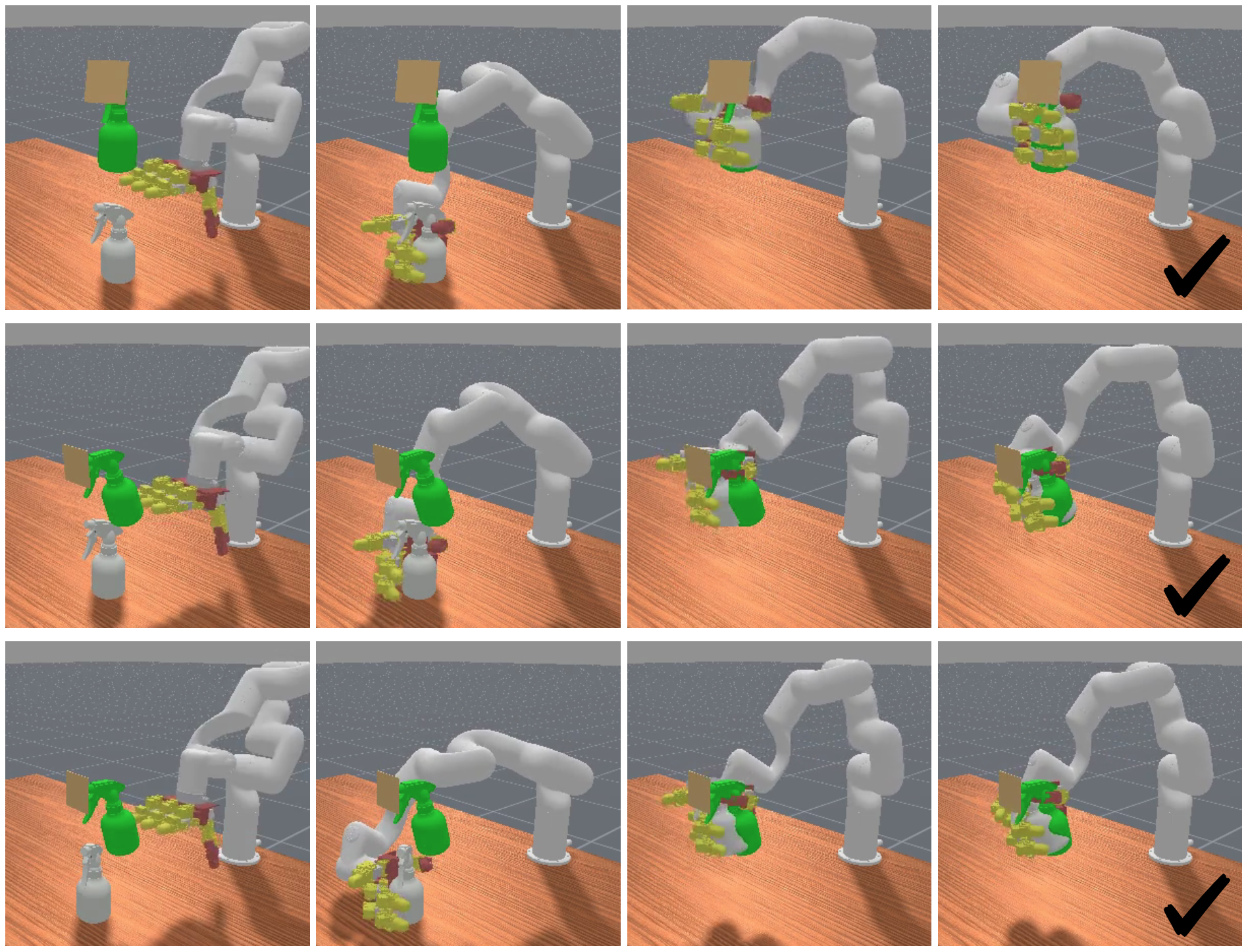 Figure 13: Example evaluation episodes of our method on the spray bottle task.
