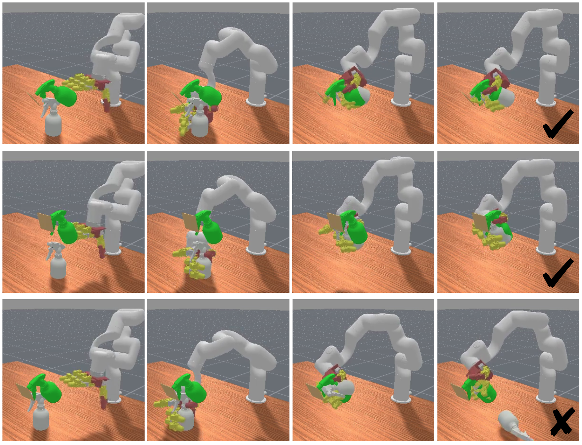 Figure 12: Example evaluation episodes of hierarchical policy learning from scratch on the spray bottle task.
