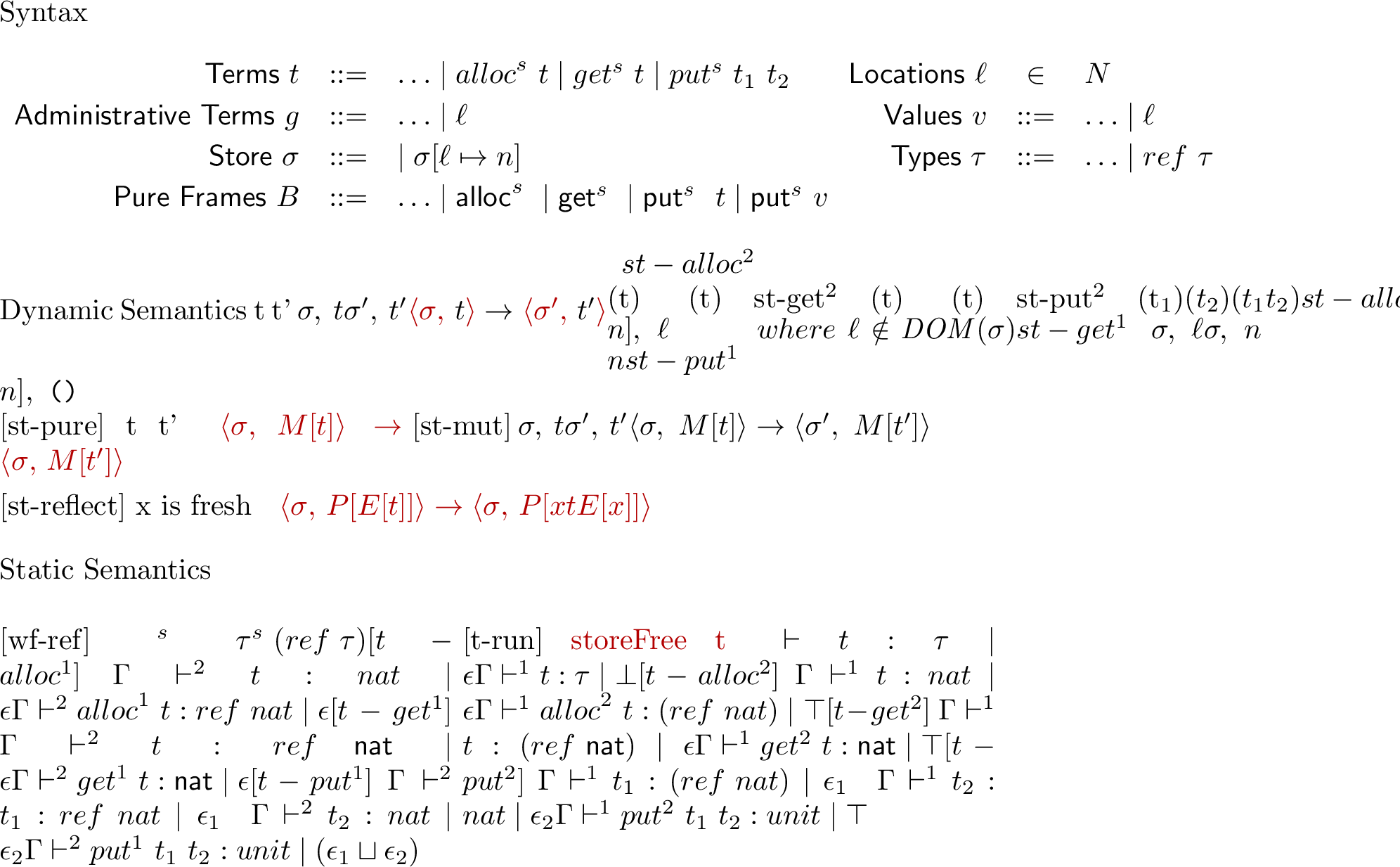 Figure 15: The syntax and semantics of \lambda^\mathsf{ref}_{|\mathsf{2}|}. Only extendedformalizations on top of \lambda_{\mid\mathsf{2}|} are included.