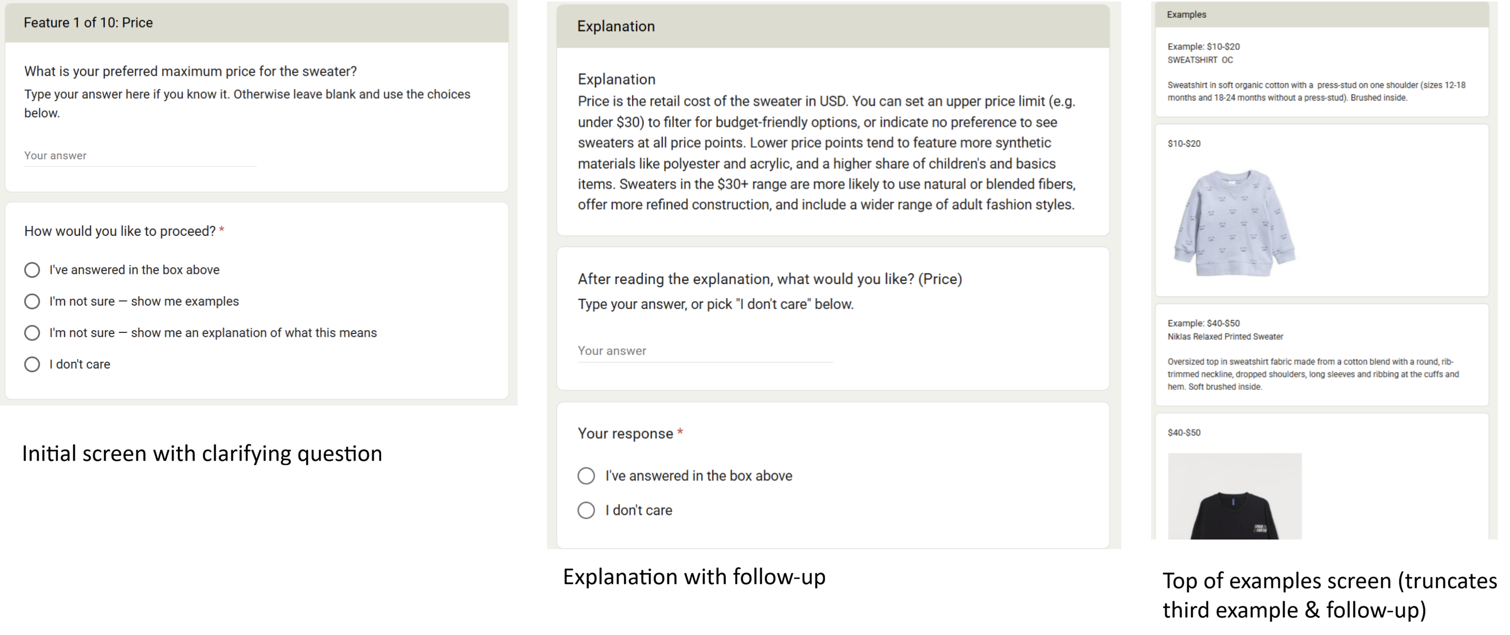 Figure 6: Screenshots from the human study survey illustrating the preference elicitation rounds. Left: the initial clarifying question with four response options. Right: an example of follow-up content (examples or a technical explanation) shown to participants who indicated uncertainty.
