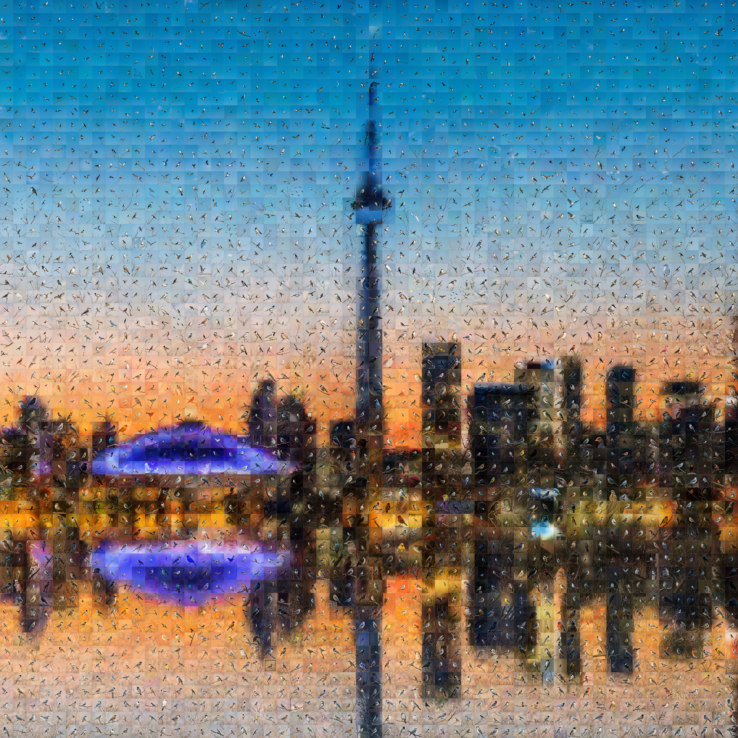 Figure 9: Photomosaic (14336 x 14336) generated using the multi-gpu distribution feature with 256 x 256 tiles. A base image has been used, and the text prompt for tiles was "A bird". The generation has been done using 4xH100 GPUs on a single node. Best viewed zoomed in.