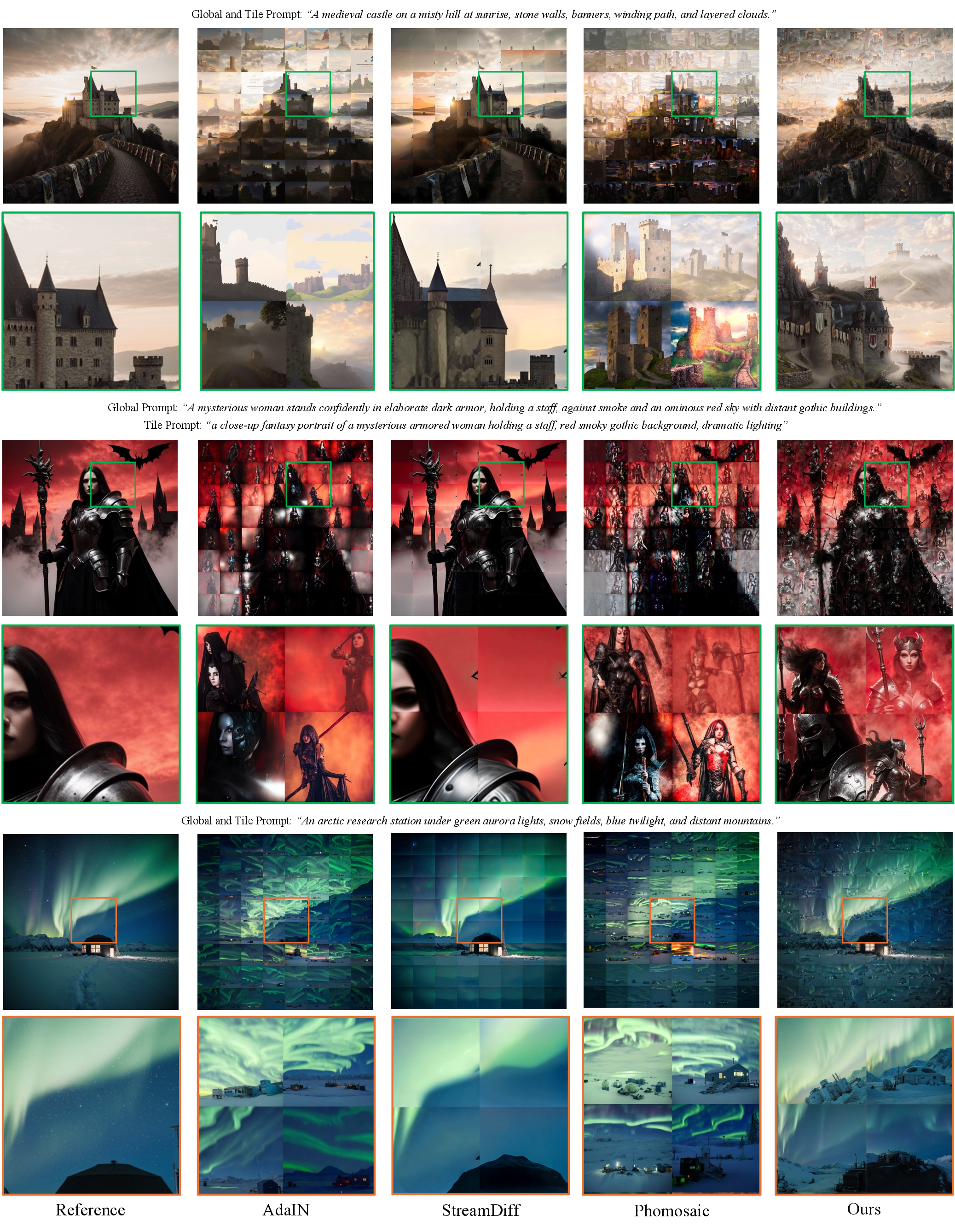 Figure 4: Qualitative comparison of photomosaic generation. Compared to baselines, PhotoQuilt better preserves the global target structure while generating realistic, self-contained tiles.