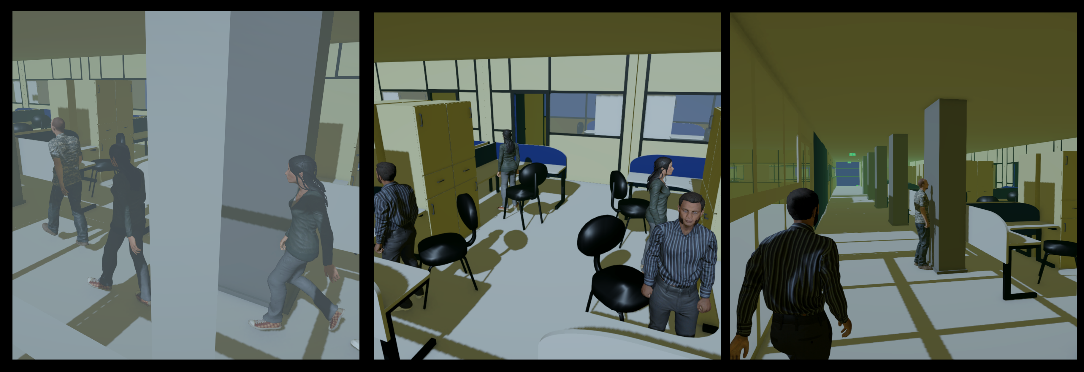 Figure 6: Example of three possible agent behaviors during evacuation. From left to right, the agents decide to evacuate the building in the first image, while in the second image, they decide not to evacuate (Continue). In the third image, one agent decides to evacuate, while the other is panicking (in front of the wall), imminently triggering a rescue Call for Actions.