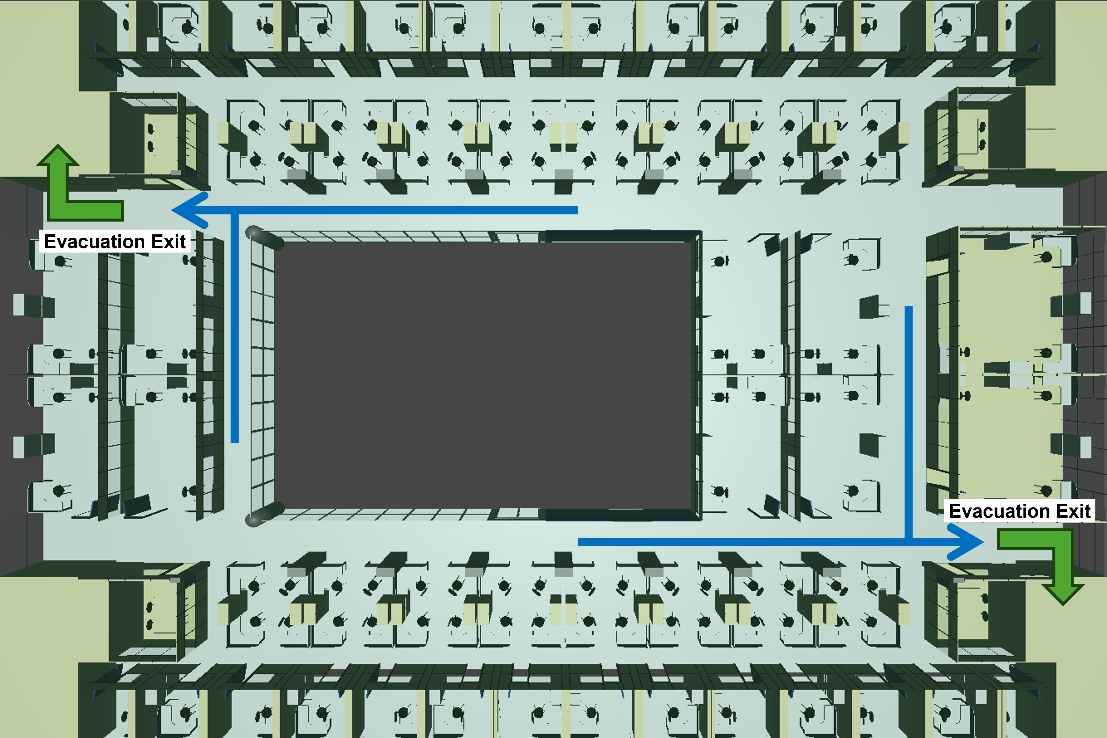 Figure 2: Layout of our test scene. The green arrows represent the evacuation exits, while the blue ones represent the route the agents should follow to evacuate the building.