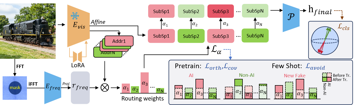 Figure 3: Overview of Fleet.The model employs a dual-branch architecture, utilizing the high-frequency signal r_{\mathrm{freq}} to generate subspace routing weights. During pre-training, \mathcal{L}_{\mathrm{orth}} and \mathcal{L}_{\mathrm{cov}} decouple high-dimensional features into mutually exclusive AI (Red) and Non-AI (Green) subspaces. In the few-shot adaptation phase, \mathcal{L}_{\mathrm{avoid}} forces the redirection of feature flows from novel generated images toward the most relevant AI subspaces while suppressing their activation in Non-AI subspaces.