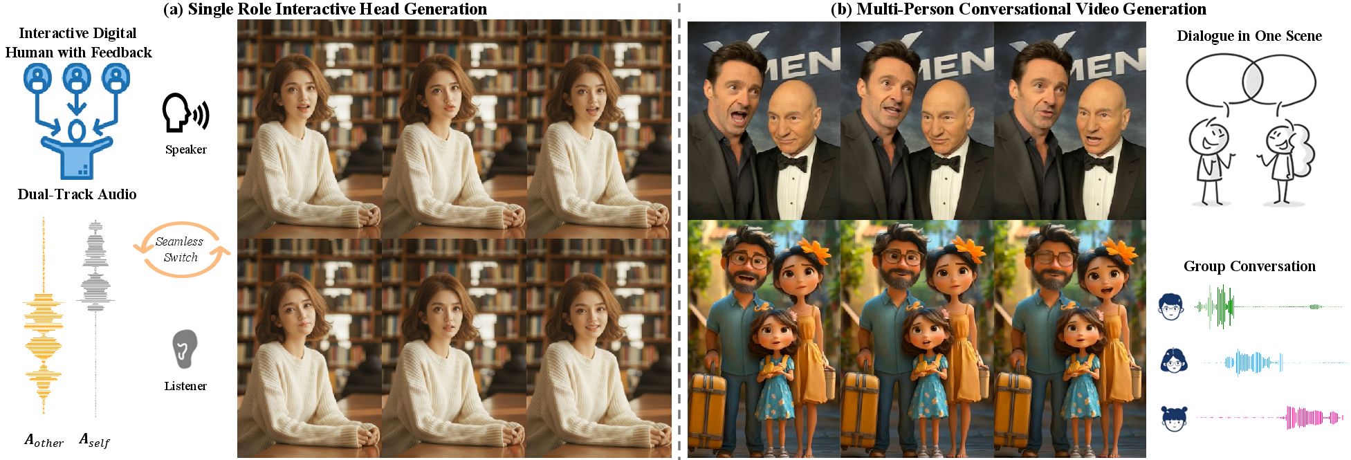 Figure 1: Illustration of InterTalk. InterTalk generates conversational talking face with flexible and natural interactions in real-time. (a) For a single participant, it generates an interactive talking face capable of multi‑round dialogues with seamless role switching. (b) For multiple participants, it produces coherent talking‑face videos within a shared scene, capturing realistic group interactions.