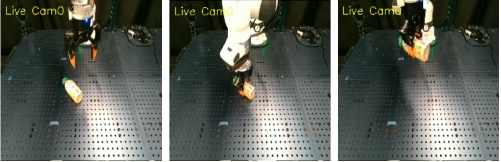Figure 2: Out-of-distribution generalization on a real robot: although the bottle object is not part of the training task set, the policy approaches, grasps, and lifts it using the same zero-shot sim-to-real policy.
