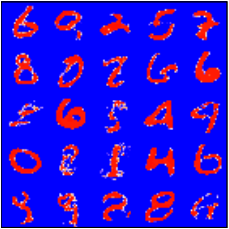 Figure 7: Patterns \boldsymbol{\xi}^\mu learned by the dense Hopfield network (HN) studied in krotov2016dense? when trained on the MNIST dataset of handwritten digits. This plot comes from krotov2016dense?, which contains additional details about the dense HN in question.