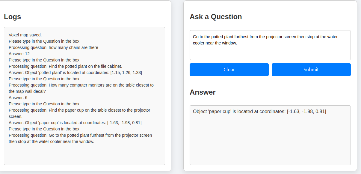 Figure 4: The Flask-based web user interface. The left panel shows a running log of system operations, including questions and answers. The right panel allows the user to submit a new natural language command and displays the processed result.