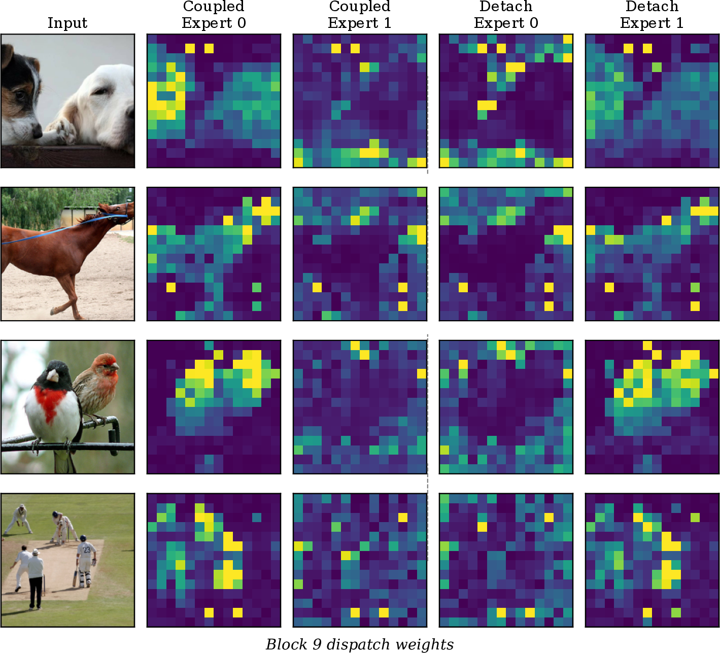 Figure 4: Dispatch weight heatmaps. Each row shows a different input image. Left pair: Coupled (ExPLoRe) Expert 0 and Expert 1 dispatch weights. Right pair: Detach ablation. The coupled model produces spatially coherent, content-dependent routing; the detach model shows more scattered patterns. Dashed line separates the two models. Per-model color normalization.