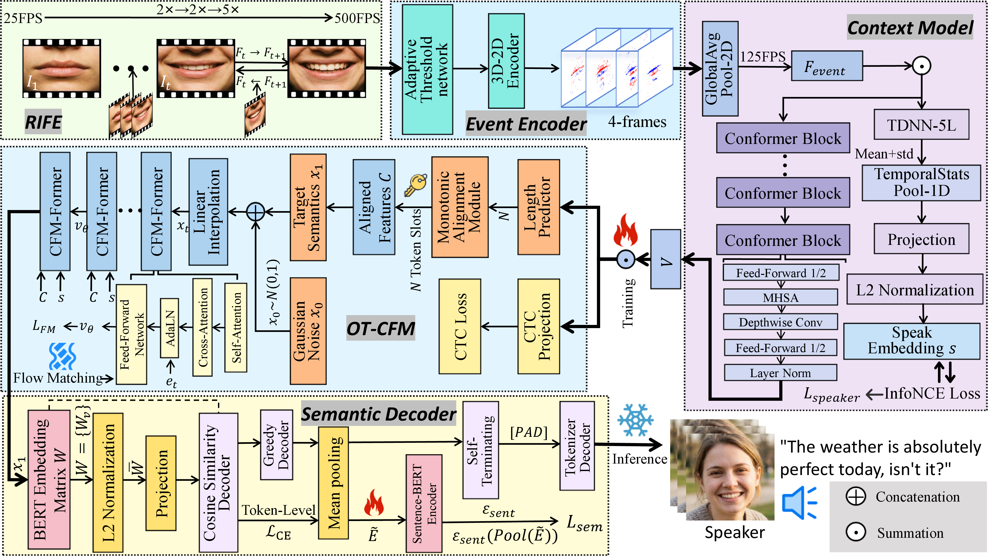 Figure 2: Overview of LipsFlow Framework. Event-based visual features are extracted via hierarchical interpolation and Conformer encoding, then conditioned on speaker embeddings through OT-CFM to generate semantic token representations. The BERT [30] weight tying is utilized alongside multi-level supervision signals during training (token-level \mathcal{L}_{\mathrm{CE}}, sentence-level \mathcal{L}_{\mathrm{sem}}, and auxiliary CTC loss \mathcal{L}_{\mathrm{CTC}} for alignment), ensuring both local precision and global semantic coherence.