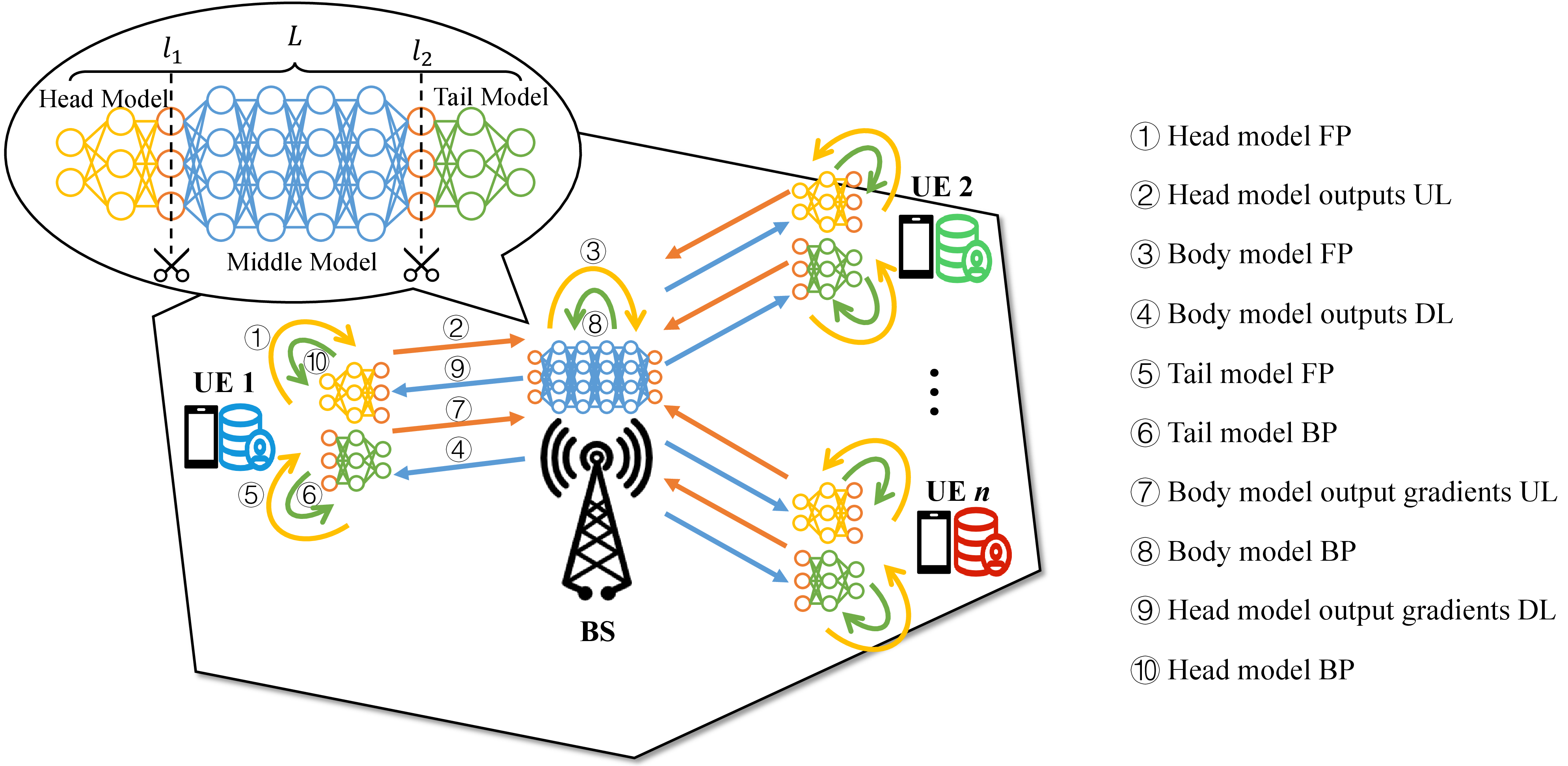 Figure 1: U-shaped parallel split learning over wireless edge networks.