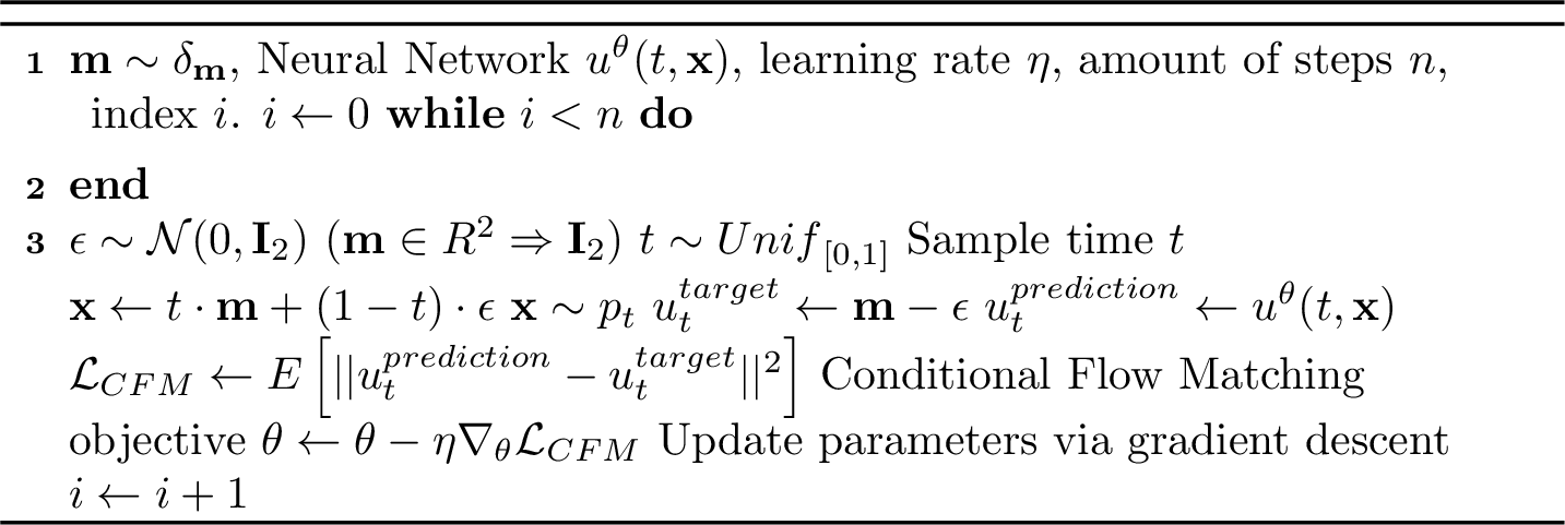 Figure 2: Pseudocode for Conditional Flow Matching Loss conditioned on a single model from the target distribution.