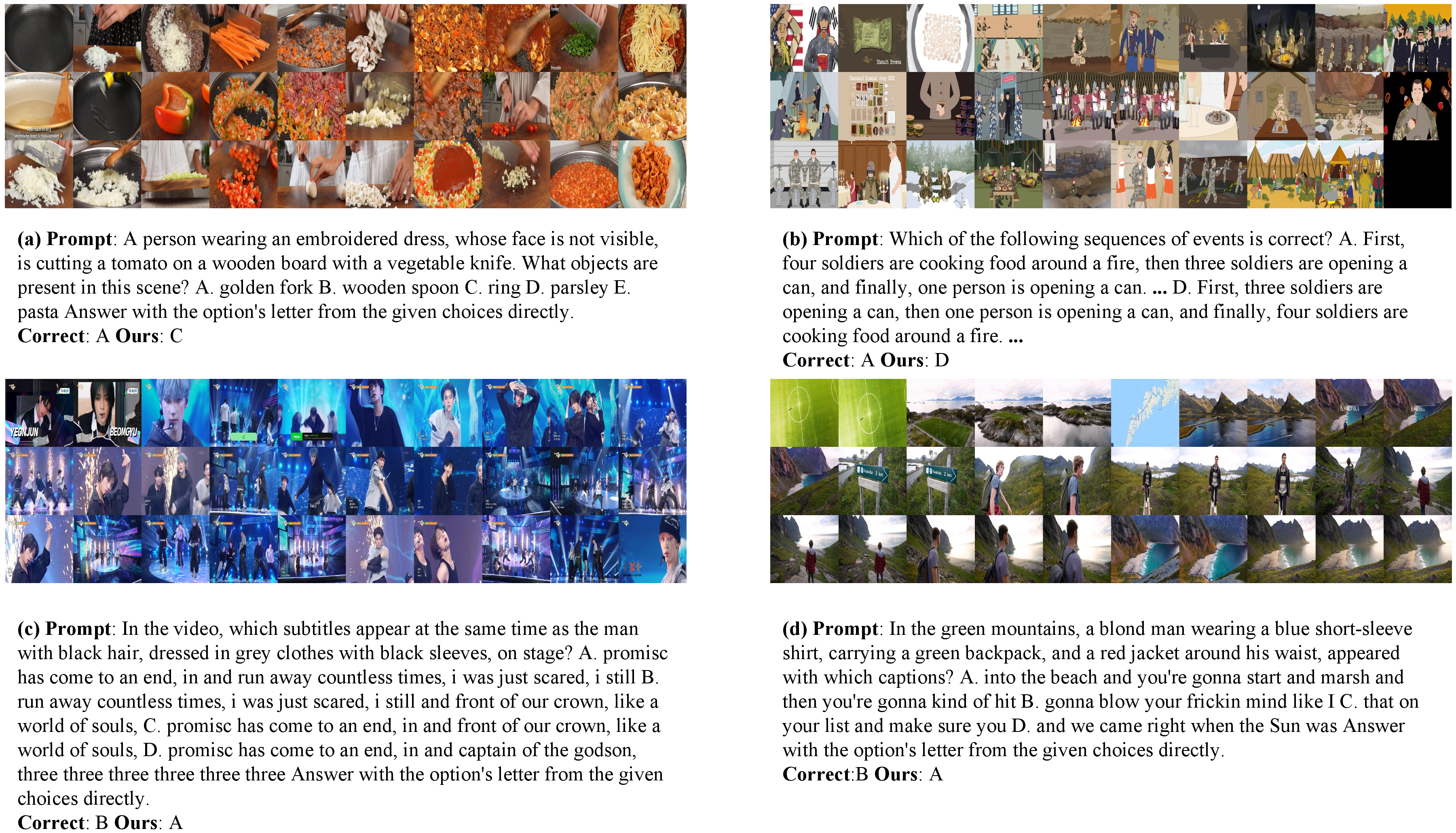 Figure 6: Failure cases of our proposed model, on video understanding task.