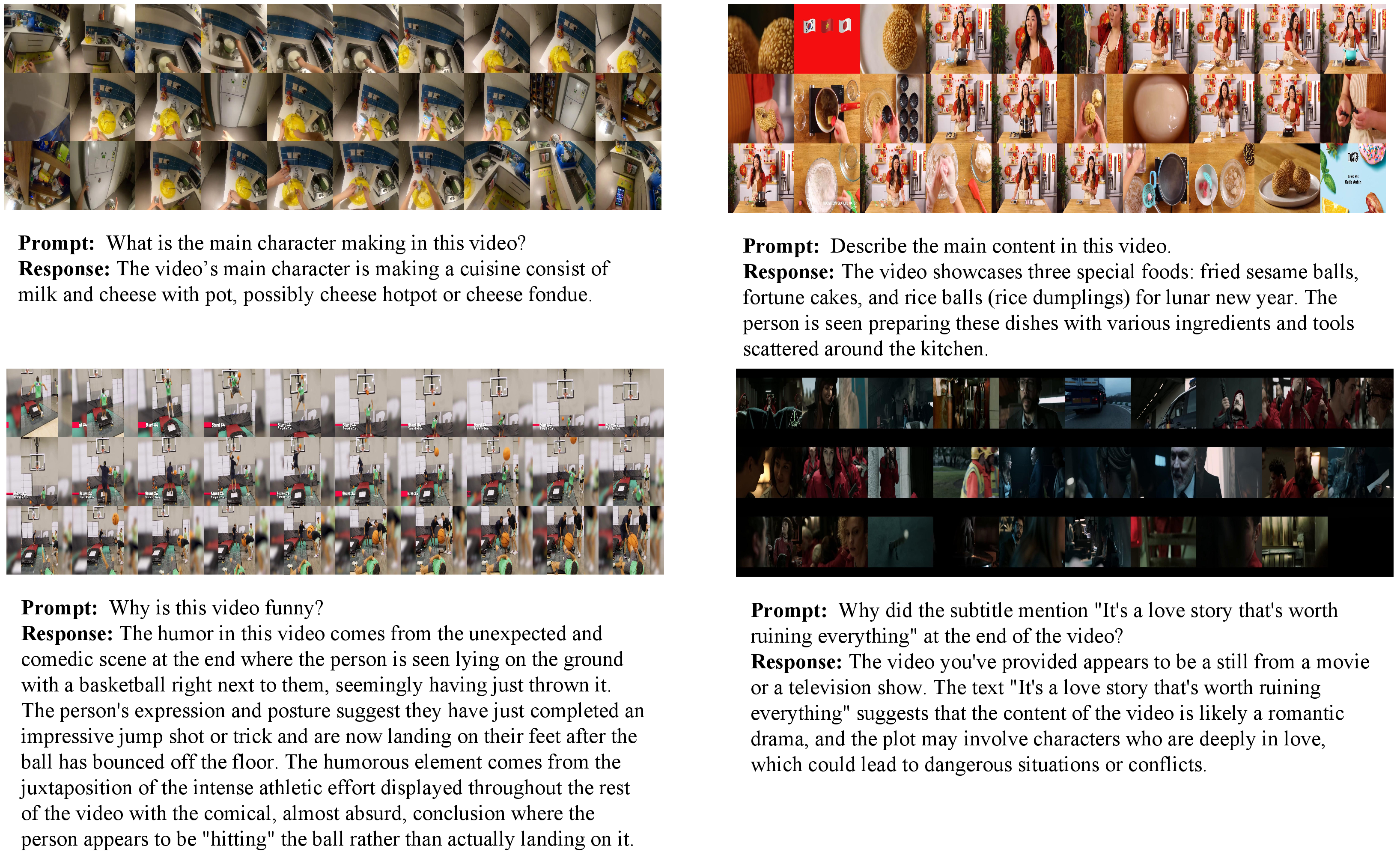 Figure 5: Video understanding demos illustrating the model’s ability to extract and analyze video content.