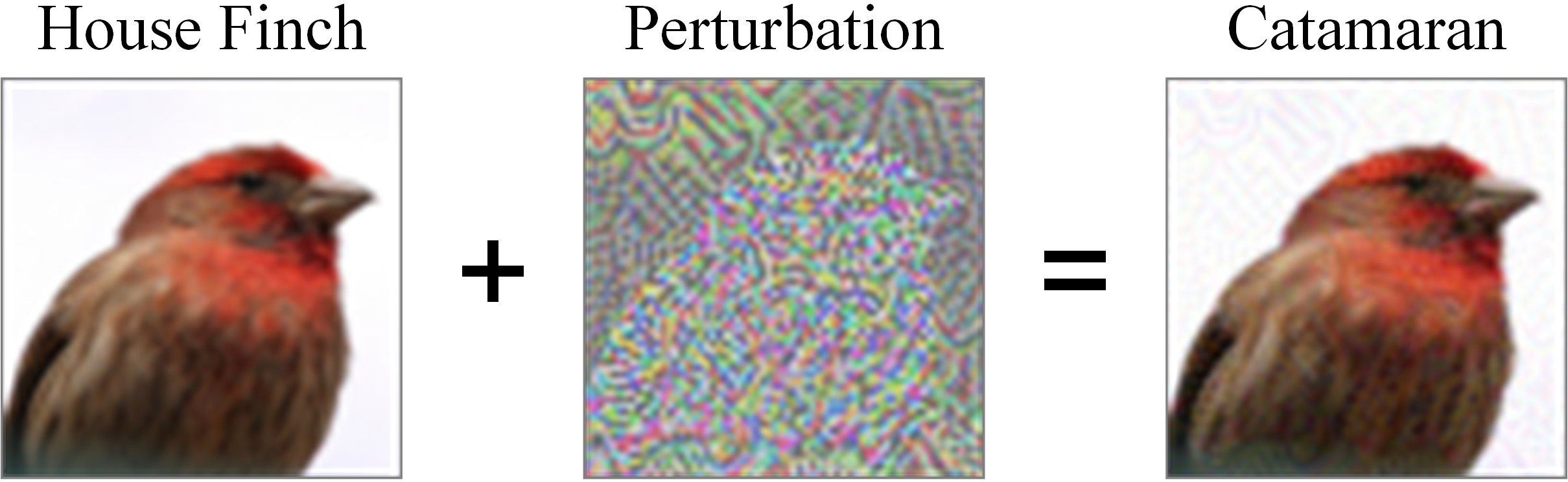 Figure 1: Clean example and adversarial example. When the adversarial perturbations are added to a house finch, it is misclassified as a catamaran by the classification model.