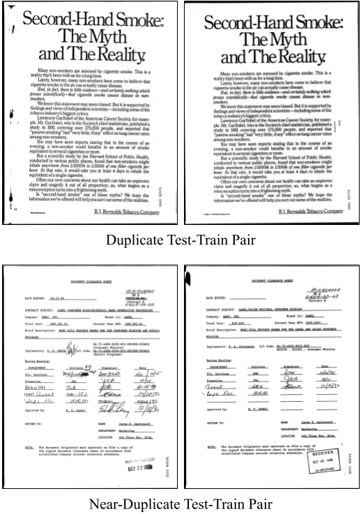 Figure 6: Example duplicate (top) and near-duplicate (bottom) test-train pairs. Near-duplicates are not pixel-identical: they share the same underlying document template but may differ in filled fields or scan conditions. Both types constitute test-train leakage.